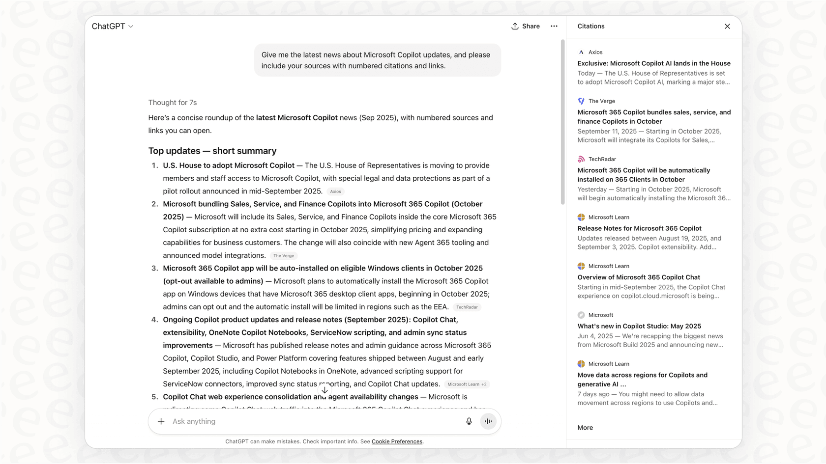 A screenshot showing ChatGPT providing up-to-date information with sources, a key strength in the ChatGPT vs. Claude comparison.