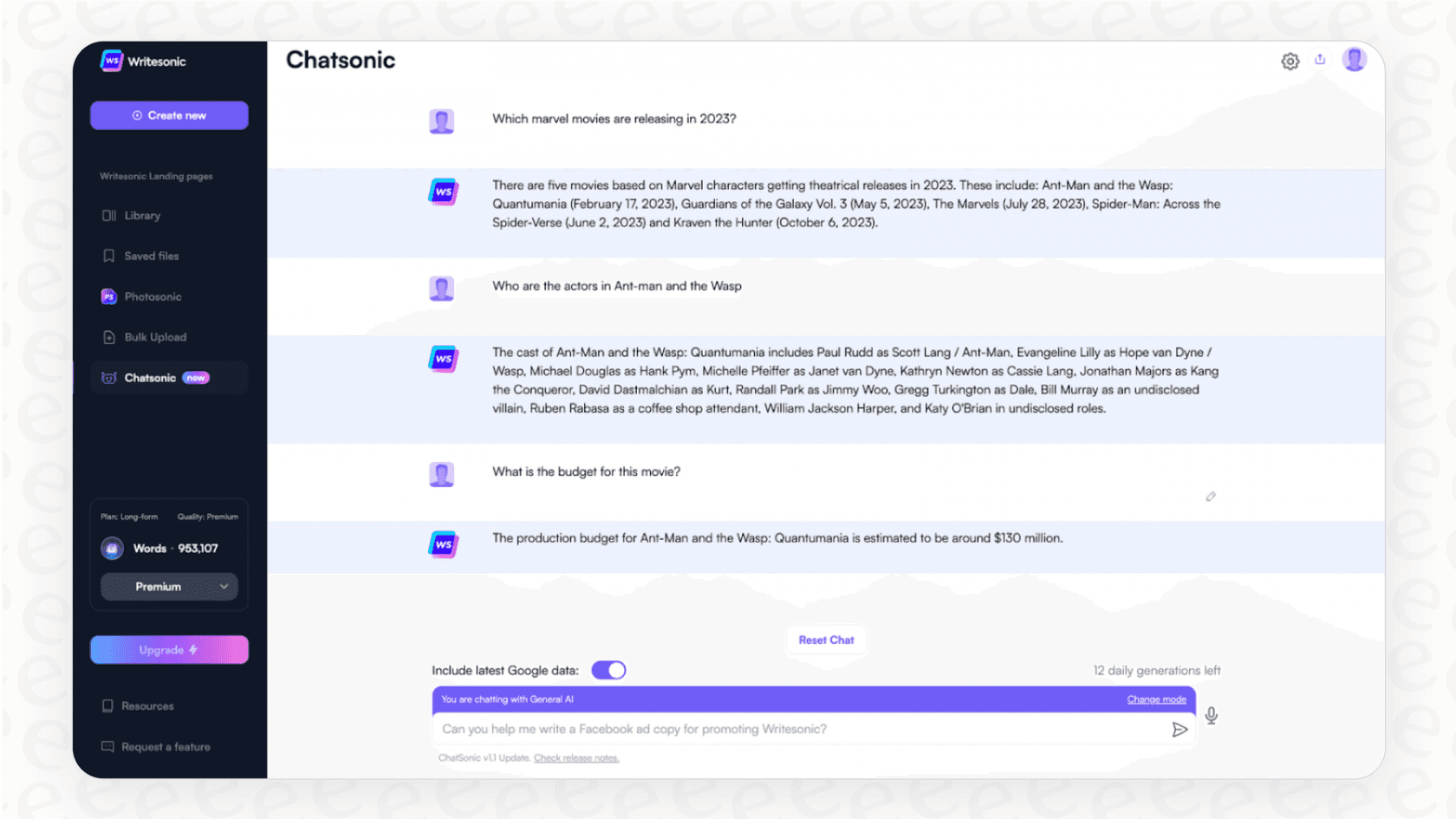 A screenshot for a Writesonic overview of Chatsonic answering a question with current information from Google.
