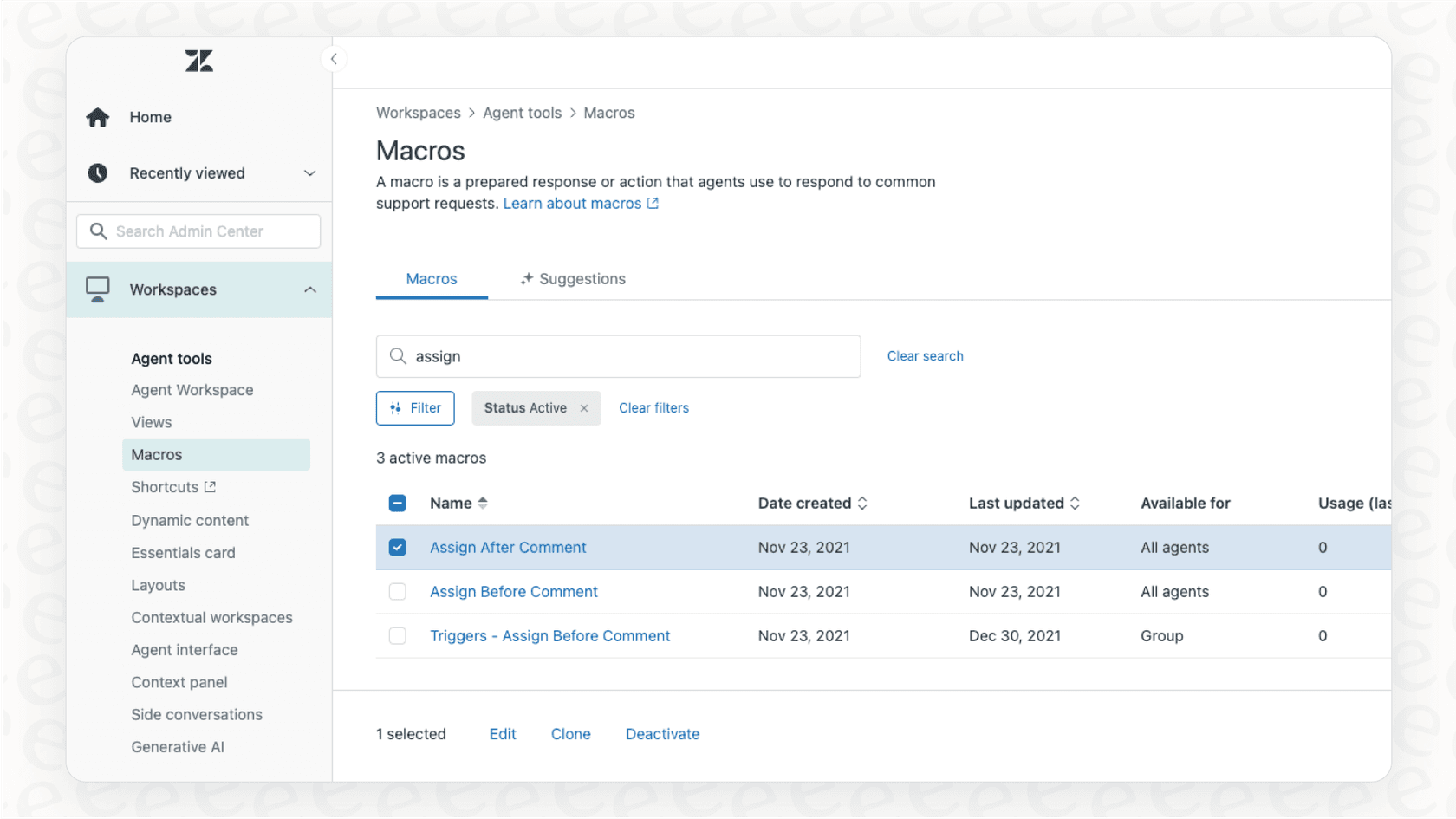 The settings page for creating and managing macros in Zendesk, which helps automate common replies. This is a core part of the Zendesk ticketing system.