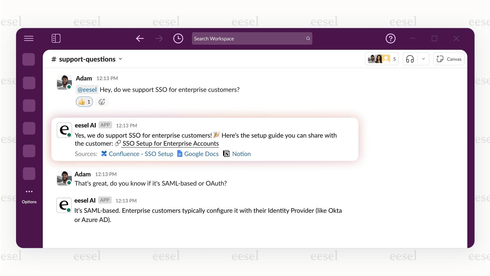 Screenshot showing an internal chat bot powered by Frontier AI instantly answering an employee