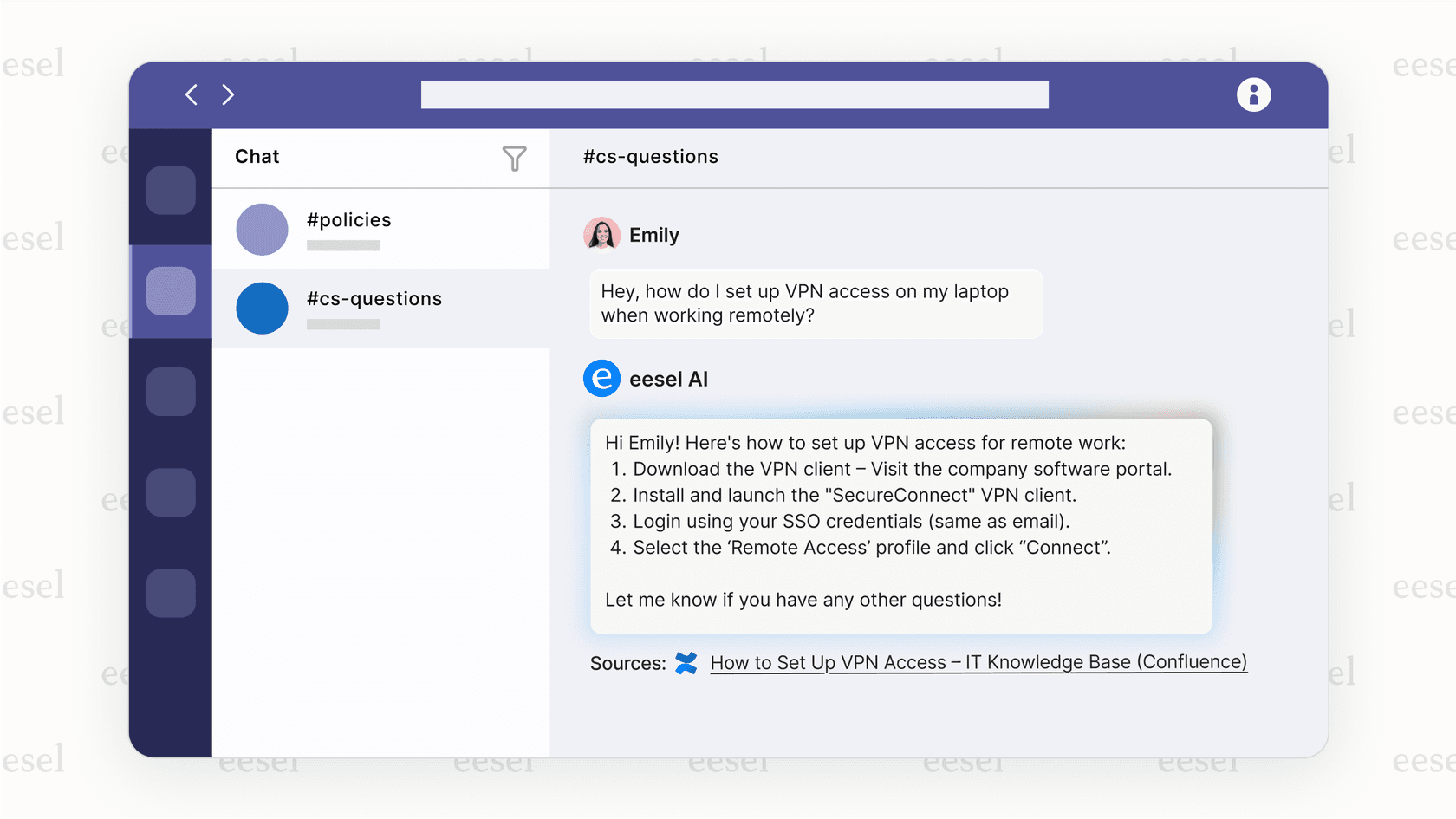 A screenshot of a Microsoft AI chatbot inside Microsoft Teams answering an employee