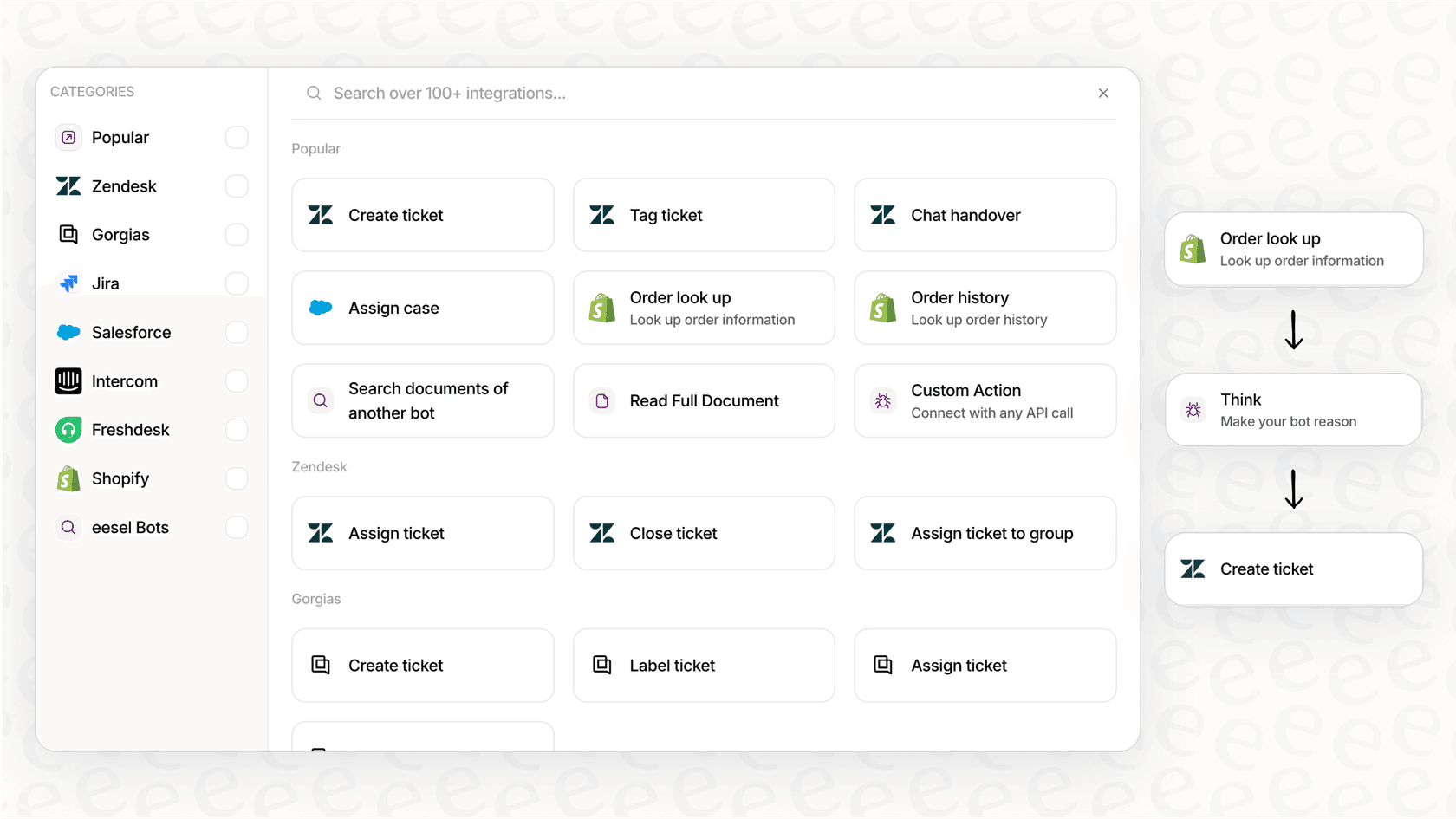 A screenshot showing the eesel AI no-code workflow builder, which abstracts away the technical details of Claude Code model selection for support managers.