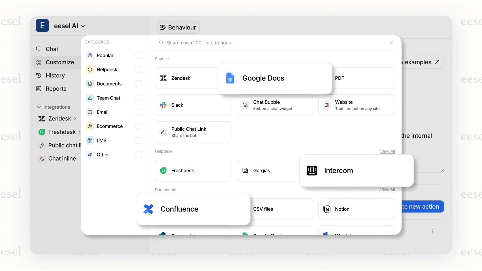 A screenshot of the eesel AI platform where a user has connected their Confluence and Zendesk accounts to power their Slack automated messages.