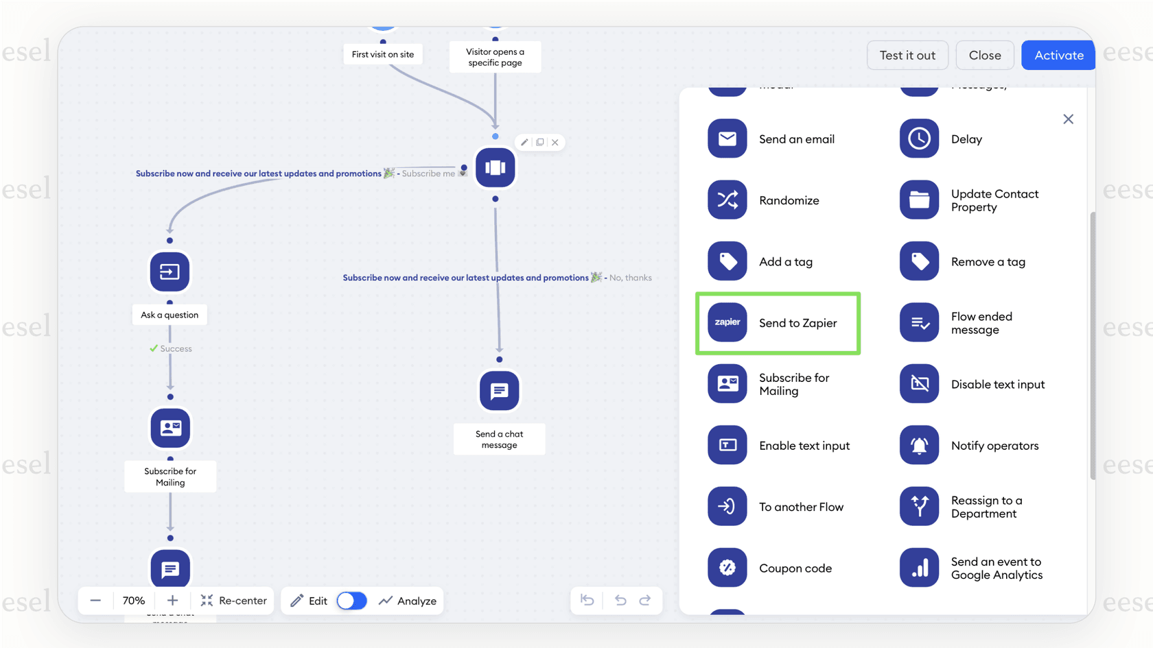 A screenshot of the Tidio visual editor, an easy-to-use tool within its live chat software for website for building automated chat flows.