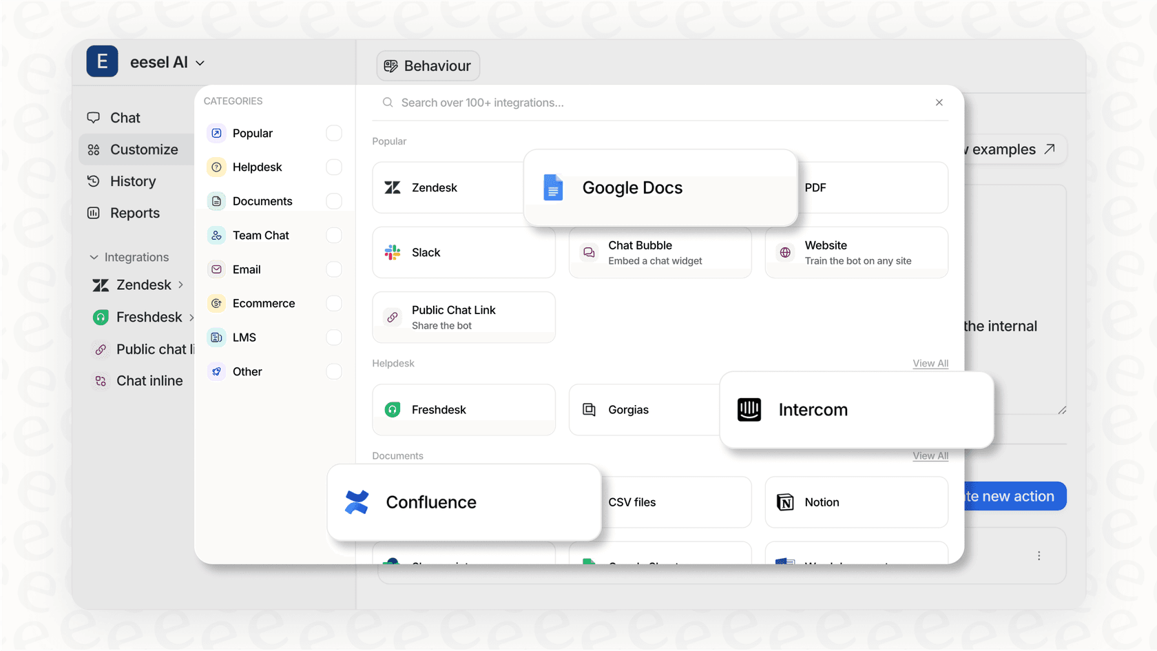 A screenshot of the eesel AI dashboard displaying multiple connected knowledge sources, showcasing an alternative to the self-contained Zendesk Guide pricing model.
