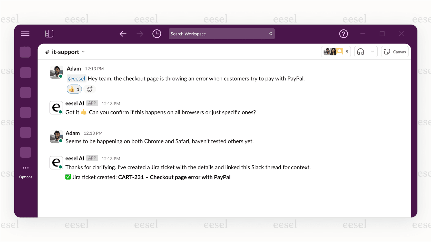 An AI-powered bot from a no-code platform like eesel AI interacting with a user on Slack to create a Jira ticket automatically.