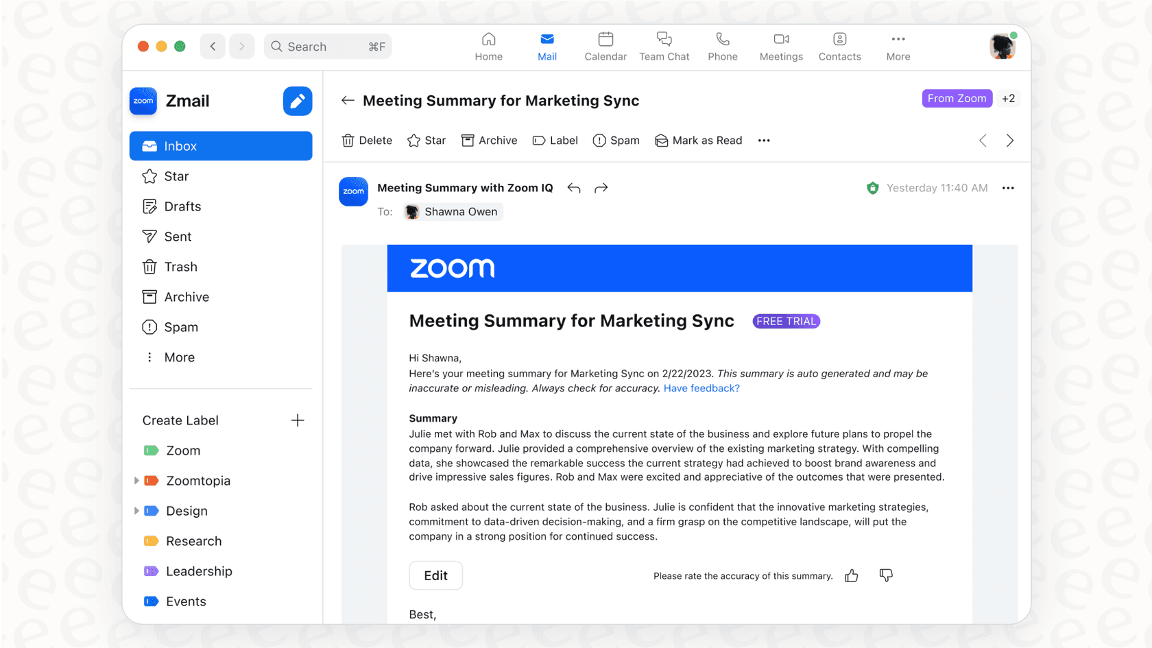 A screenshot offering a Zoom overview of an AI Companion-generated summary, detailing the automated notes and tasks from a past meeting.