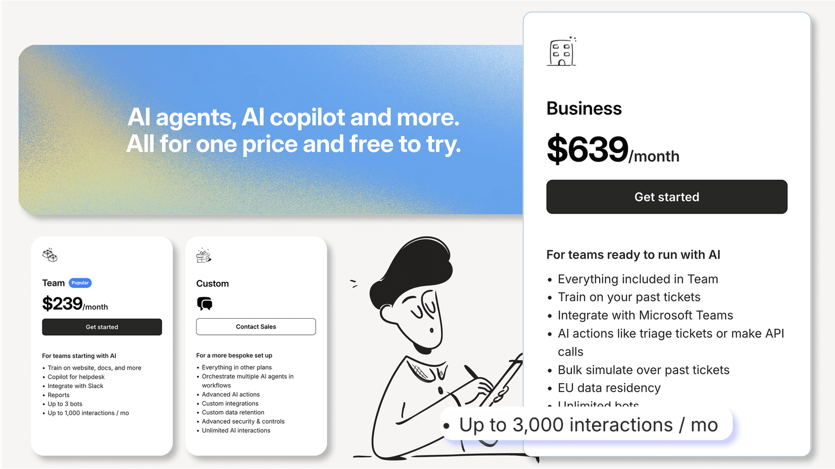 A screenshot of the eesel AI pricing page, illustrating the simple, predictable, plan-based cost for implementing a Frontier AI solution for business.