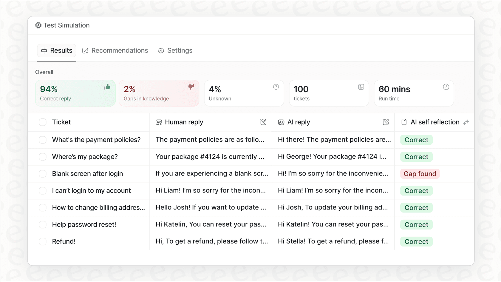 A screenshot showing a simulation mode for an AI live support tool, allowing for testing and validation before going live.