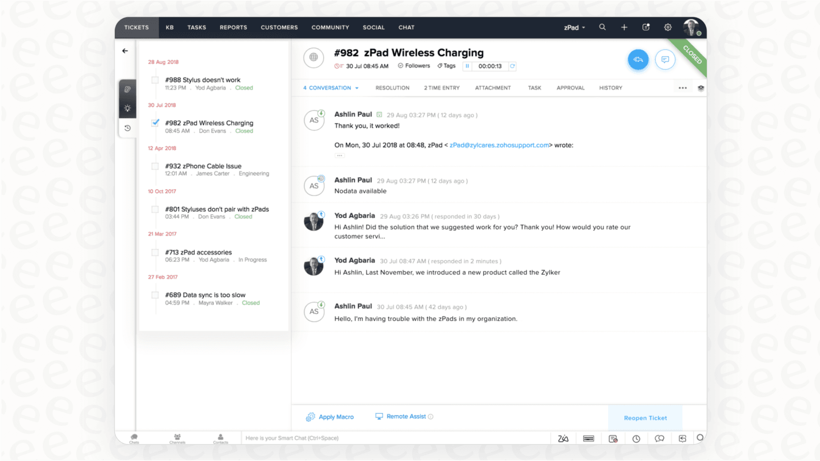 The Zoho Desk ecommerce help desk software interface, demonstrating its "context-aware" approach by showing the customer's full ticket history back to 2017 alongside the open conversation.