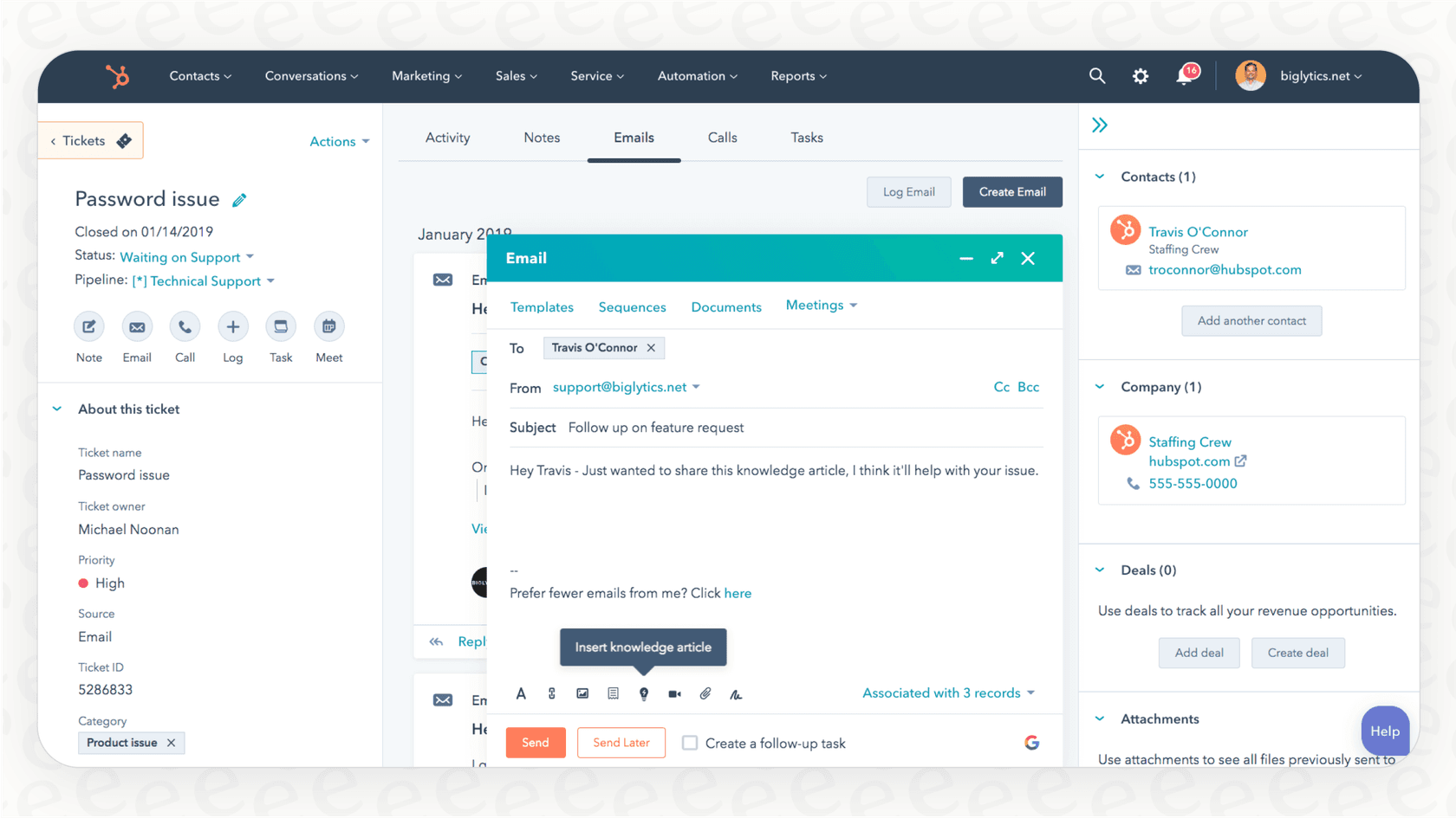 HubSpot Service Hub as an ecommerce help desk software, showing a support ticket with its associated contact, company, and deal records in the right-hand panel while an agent inserts a knowledge base article into the reply.
