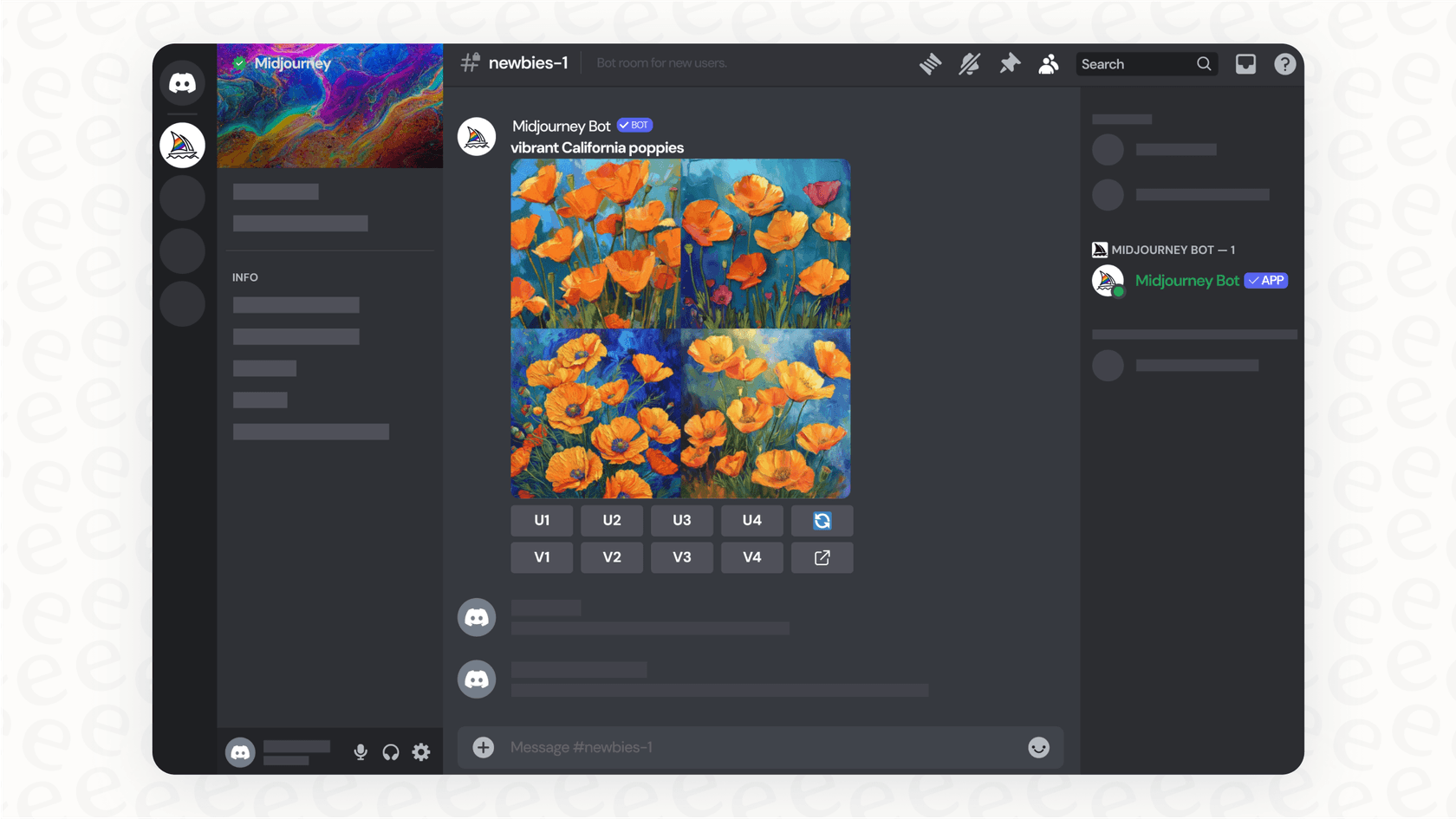 A screenshot from a Midjourney review showing the Discord interface where a user enters a text prompt to generate AI images.