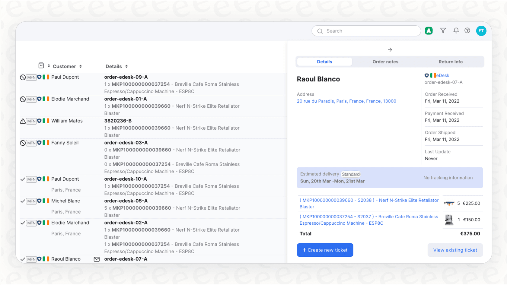 The eDesk ecommerce help desk software interface showing marketplace orders from multiple channels in one grid, with an order's details open and a "Create new ticket" action beside it.