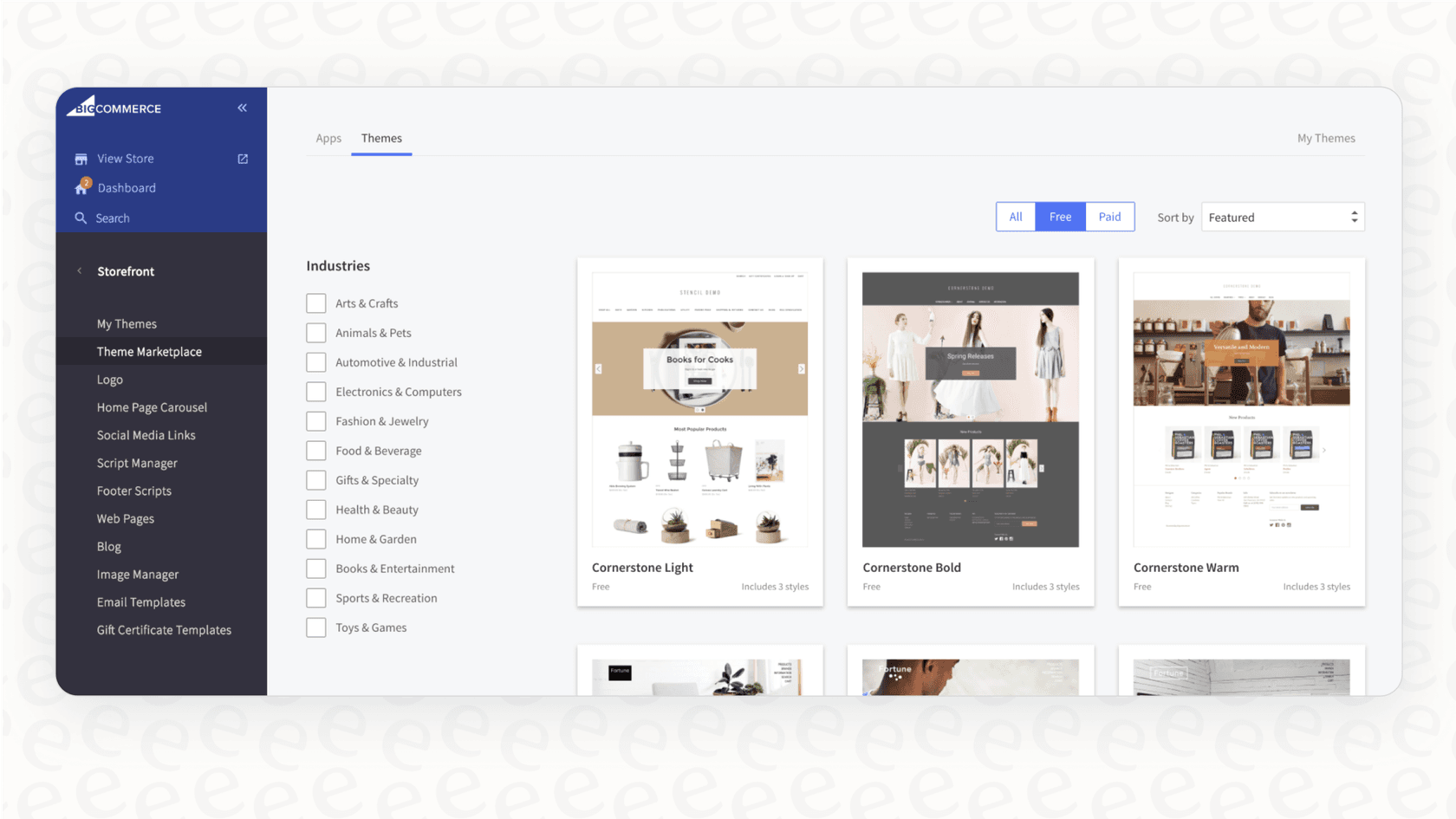 The BigCommerce theme store, where users can browse and purchase premium themes to customize their storefront.