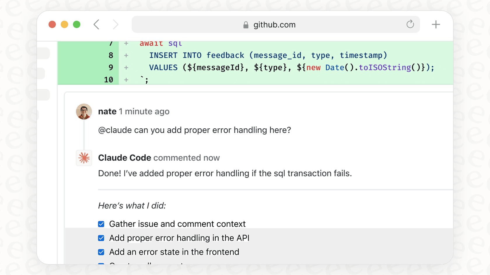 An example of the Git integration feature in this Claude Code quickstart.