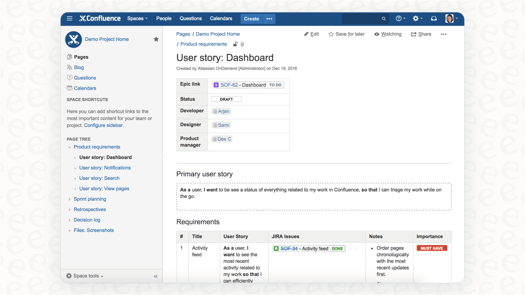 A screenshot demonstrating the seamless Jira integration within Confluence, a major highlight of this Confluence review.