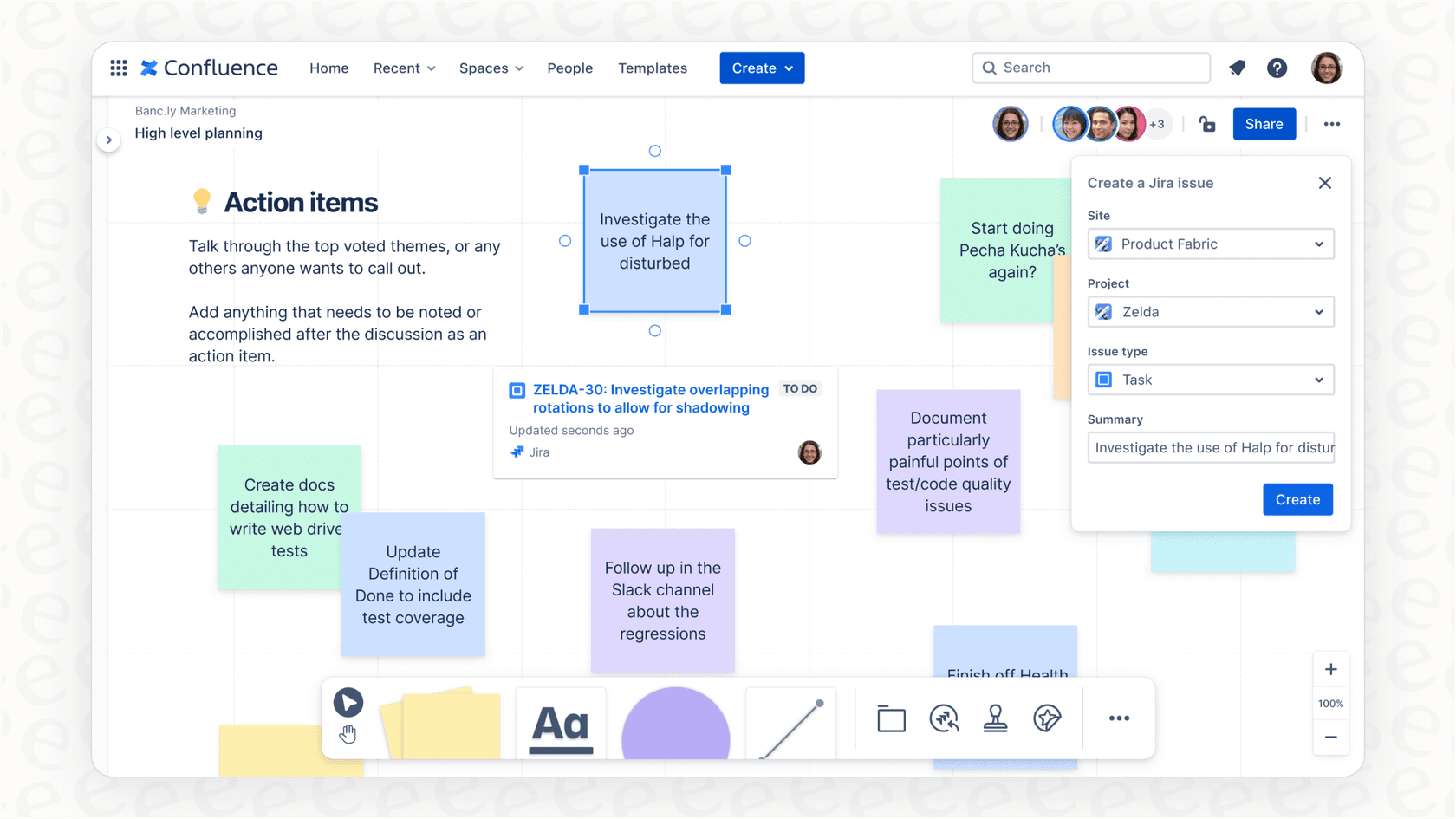 An image of the Confluence whiteboards feature, highlighting the real-time collaboration tools mentioned in this Confluence review.