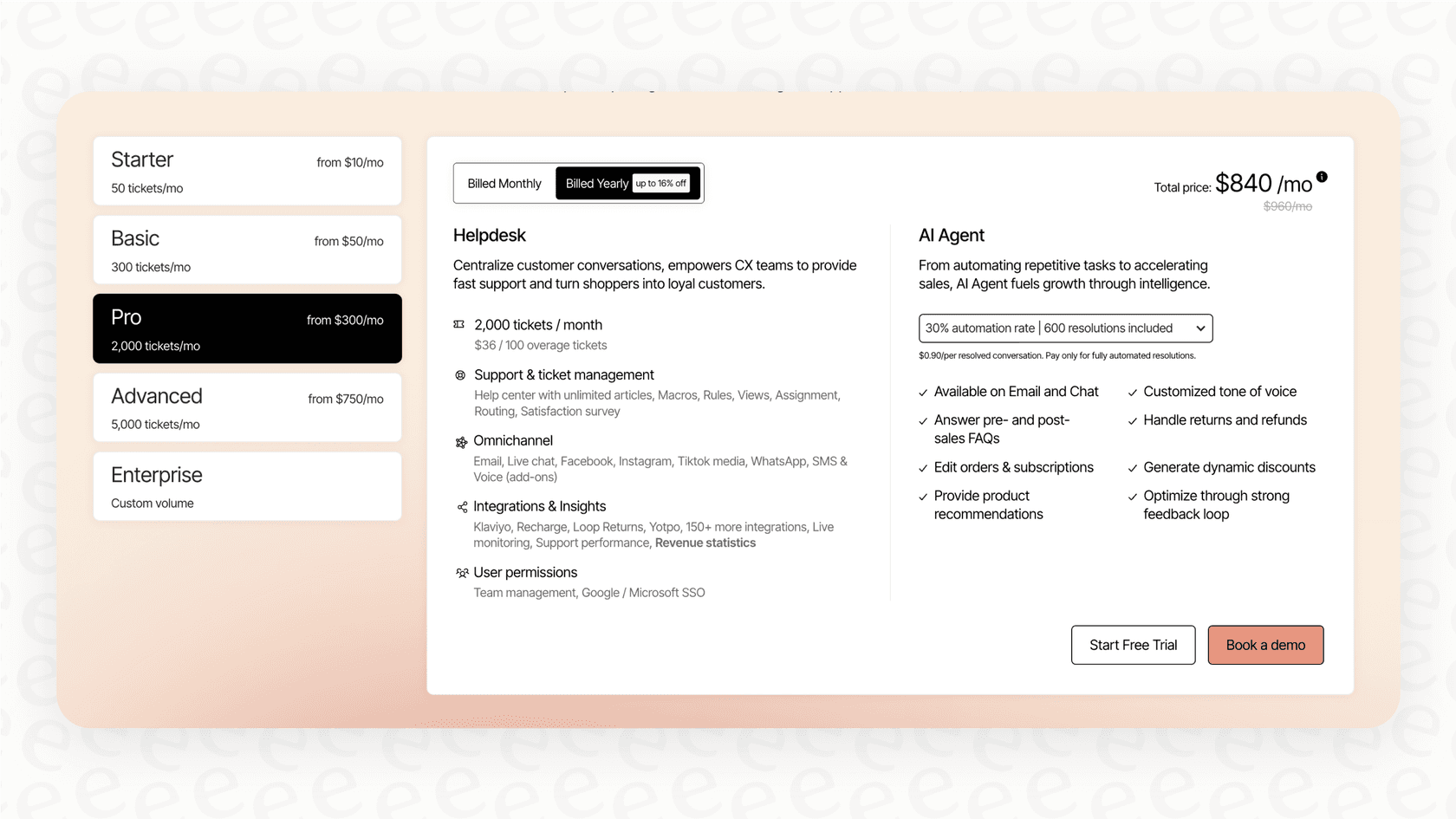 A view of the Gorgias pricing page, highlighting the cost structure for their AI agent services.
