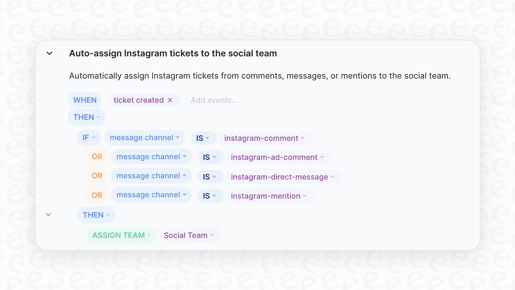 An example of setting up if-then commands in a Gorgias order status bot to auto-assign tickets based on keywords.