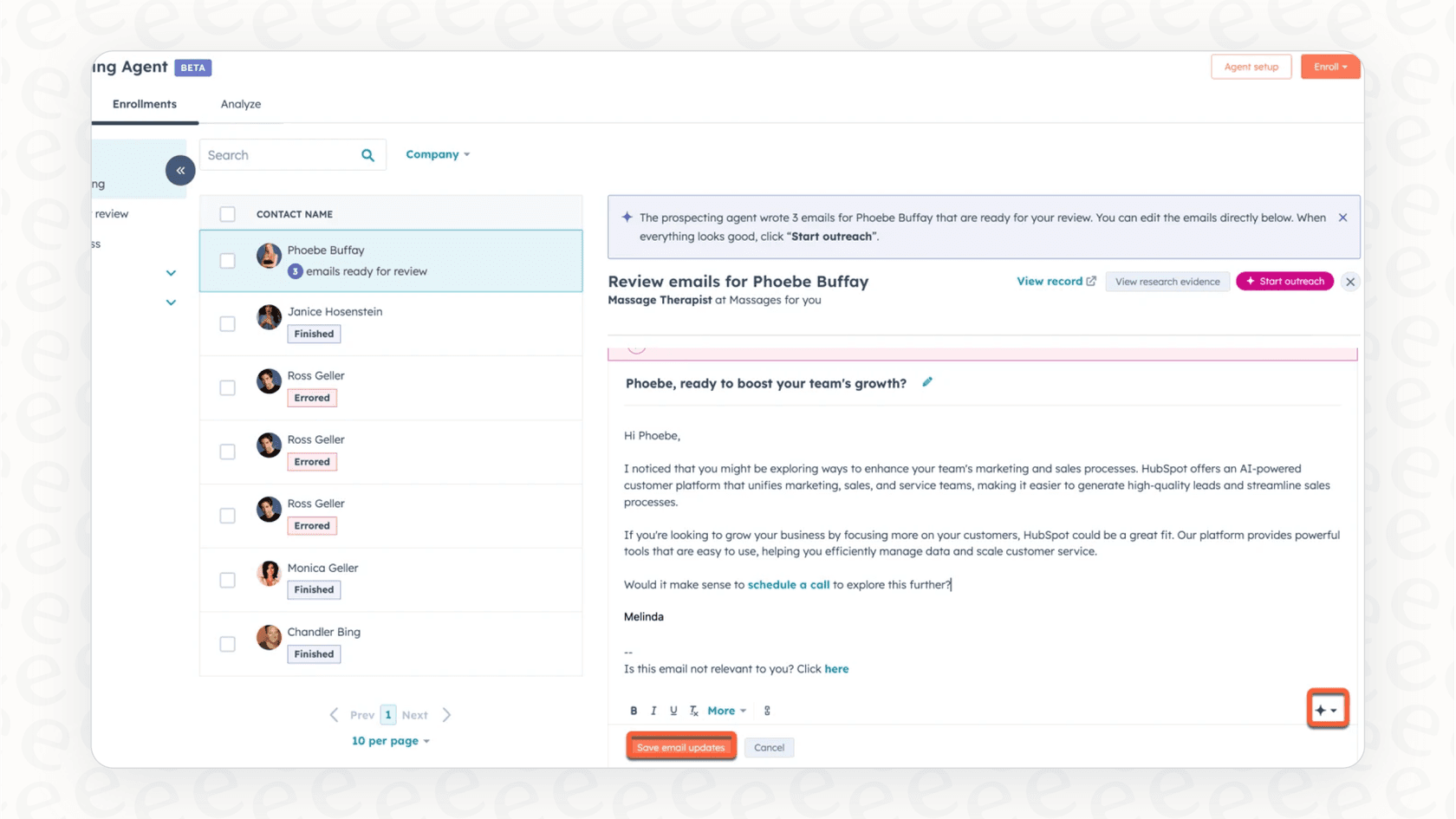 A screenshot of the HubSpot agent for sales prospecting, showing how it can help automate lead research and outreach for sales teams.