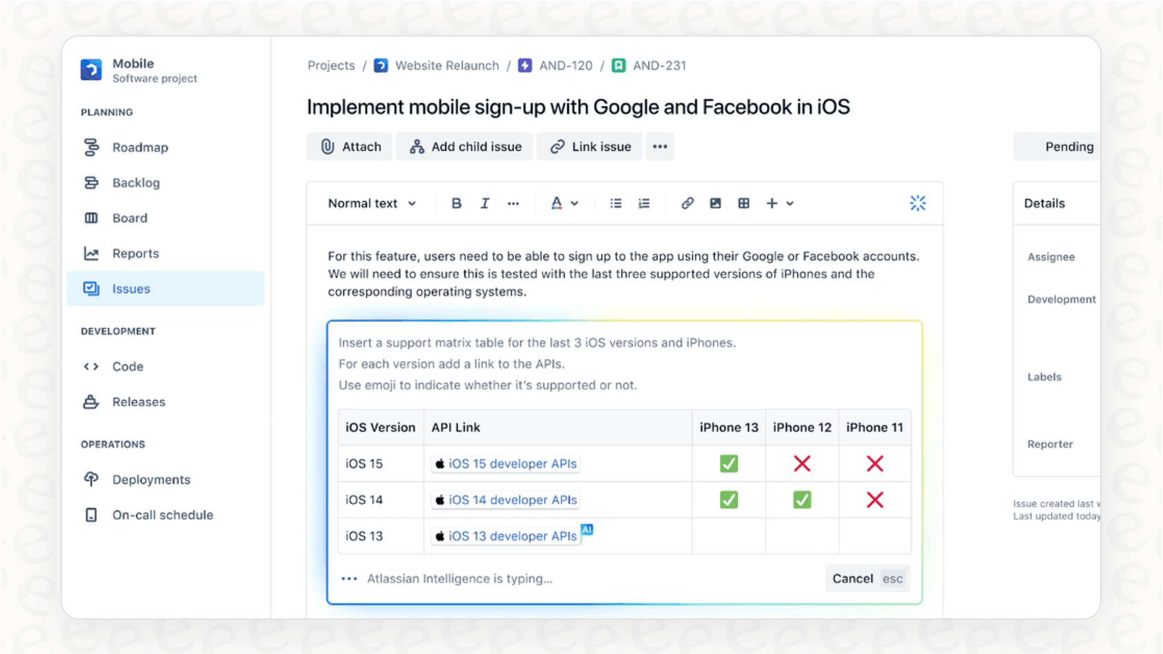 An example of an AI-powered reply suggestion within the Jira interface, a core feature of a Jira AI chatbot.
