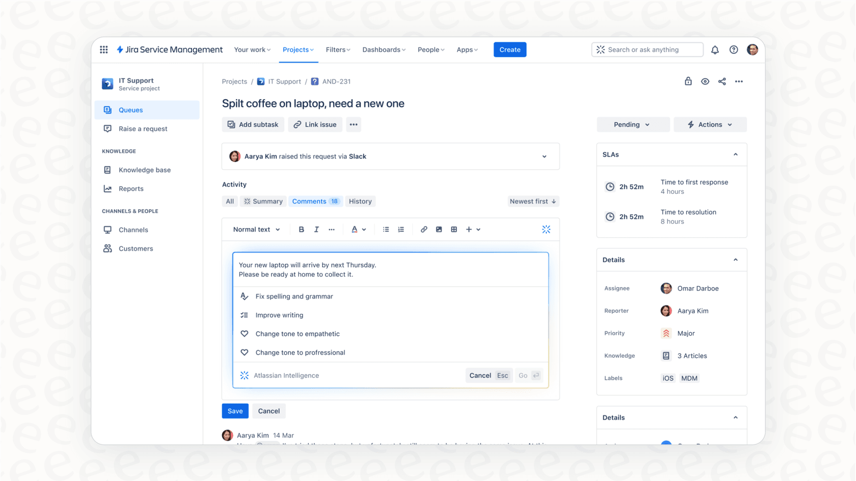 An agent in Jira Service Management receiving AI-suggested replies, showcasing how Jira