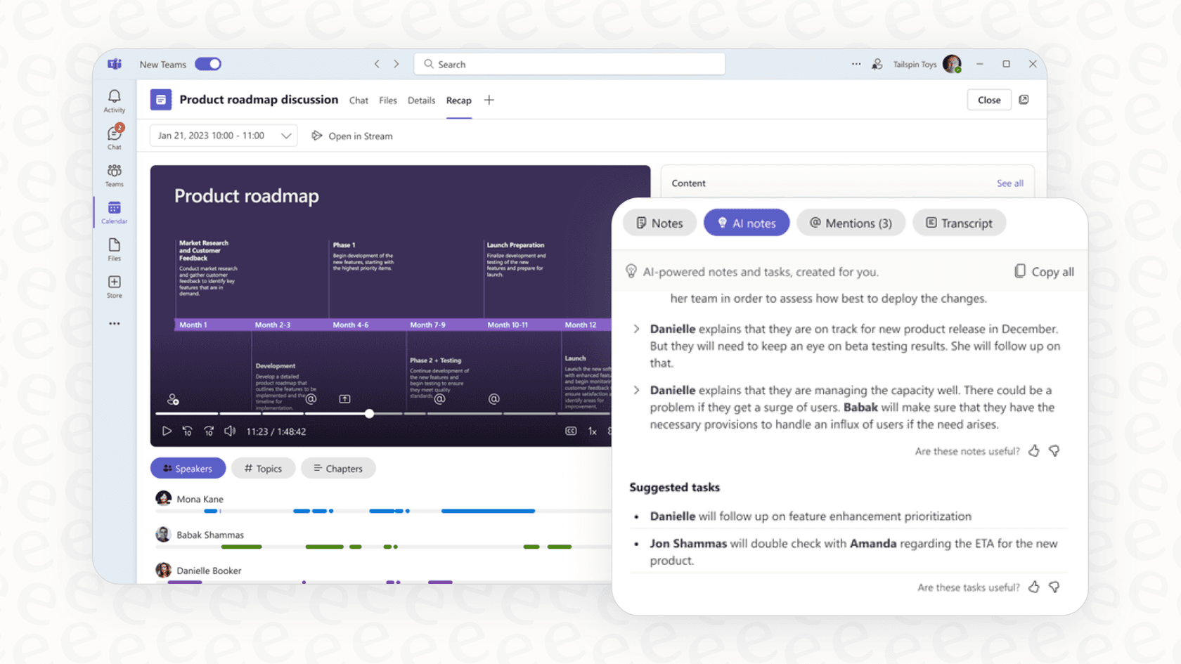 A screenshot of the AI-generated notes from a meeting recording, a key feature that affects Microsoft Teams pricing through the Teams Premium add-on.