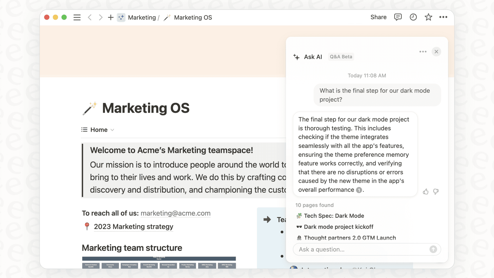 A screenshot of the Notion Q&A feature, illustrating how to use AI to search Notion.