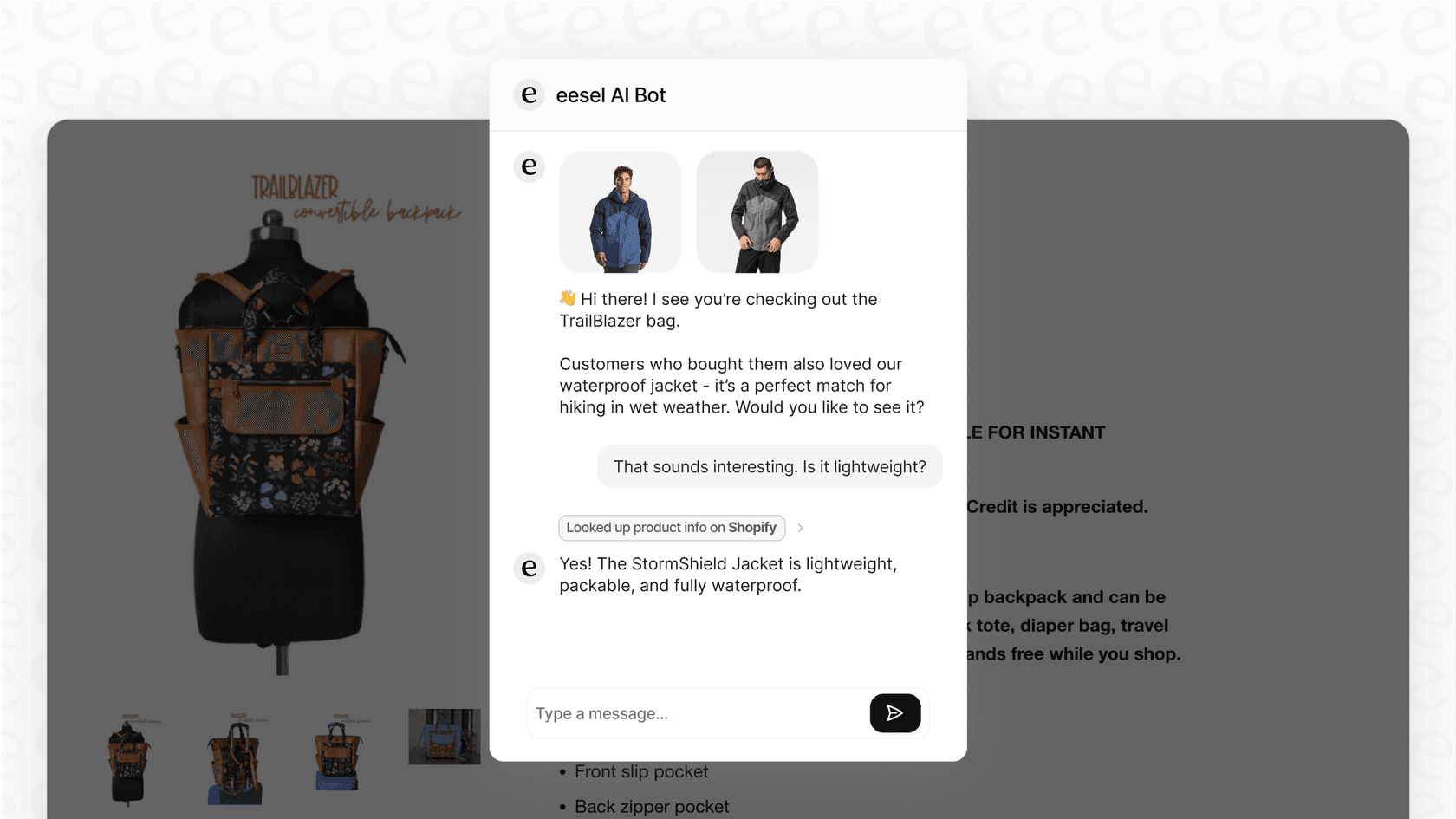 eesel AI chatbot interface with product recommendations on Adobe Commerce