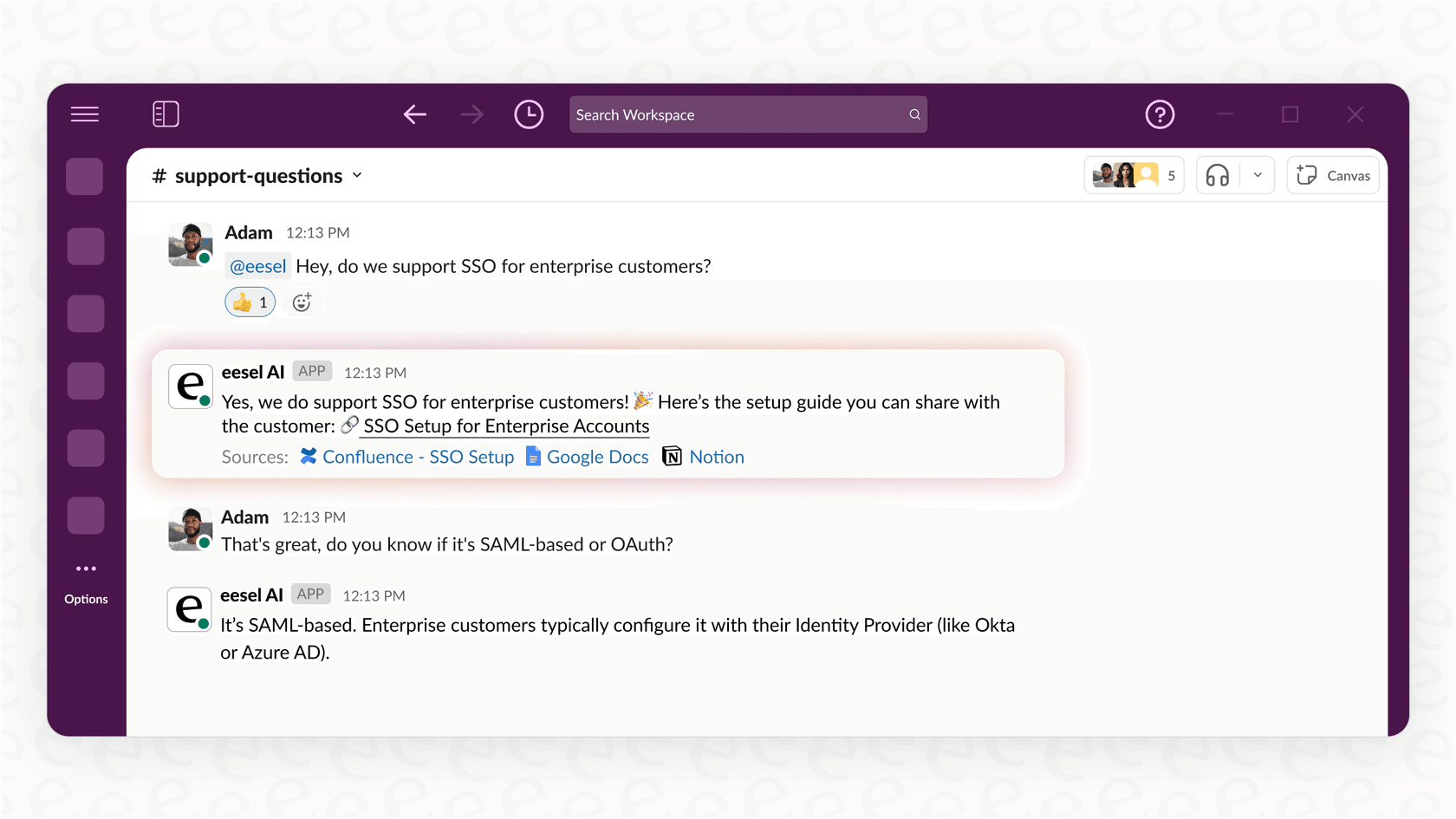 The eesel AI Internal Chat answers employee questions directly in Slack, serving as a no-code alternative to a custom Claude Code plugin.