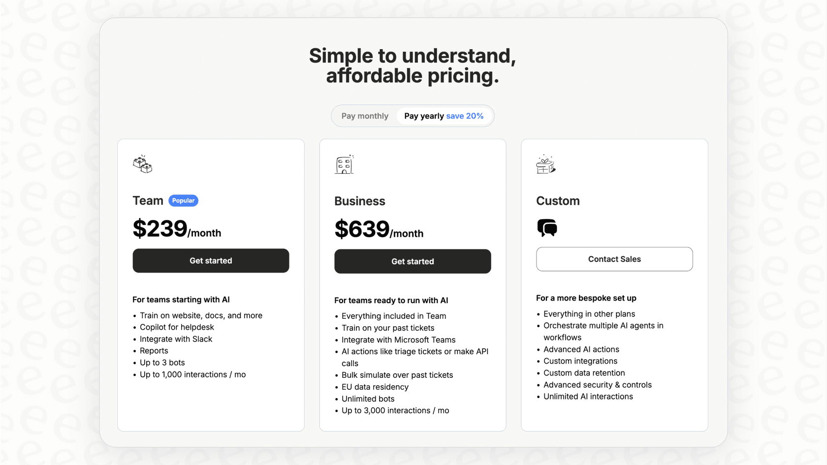 A screenshot showing the transparent and predictable pricing plans offered by eesel AI, a key alternative to Forethought pricing.