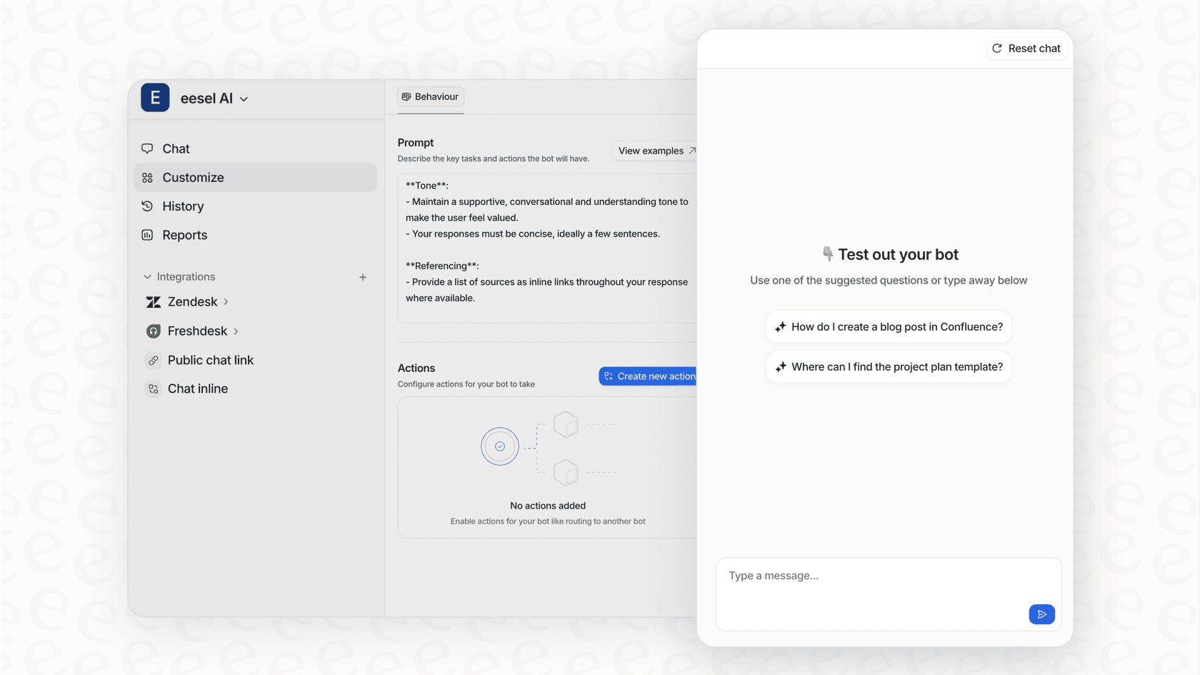 The eesel AI Customize screen, where you write the bot's prompt and actions on the left and test the answers it gives in the panel on the right before anything reaches a live customer.