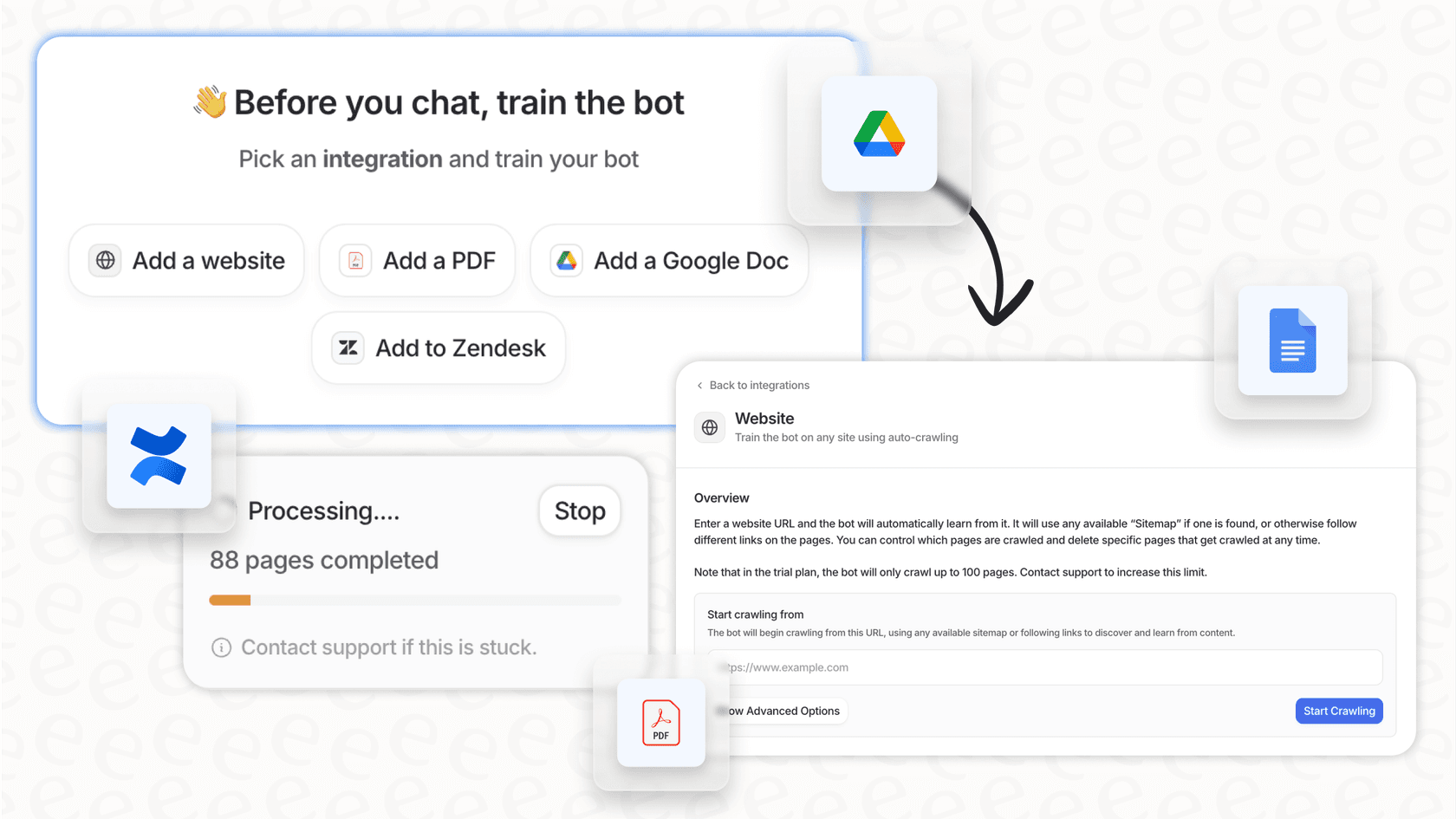 A view of the eesel AI platform showing how it trains on existing data sources, a core part of its knowledge base management strategy.
