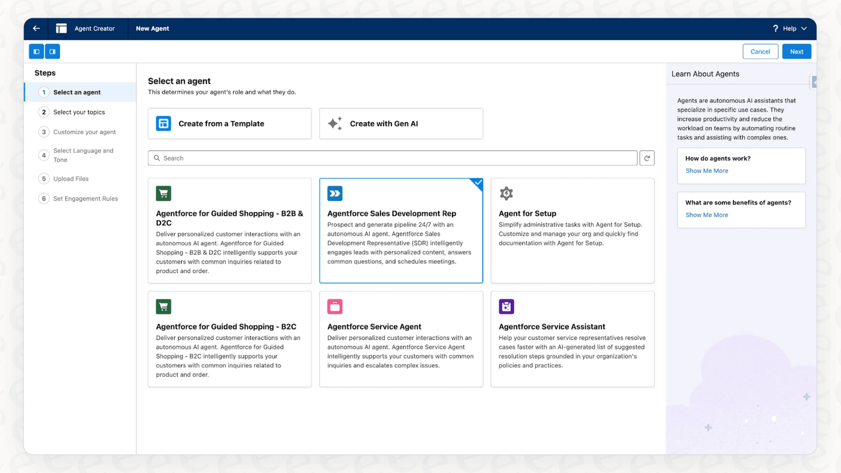 Agentforce Builder showing Sales Development Representative agent type selection screen