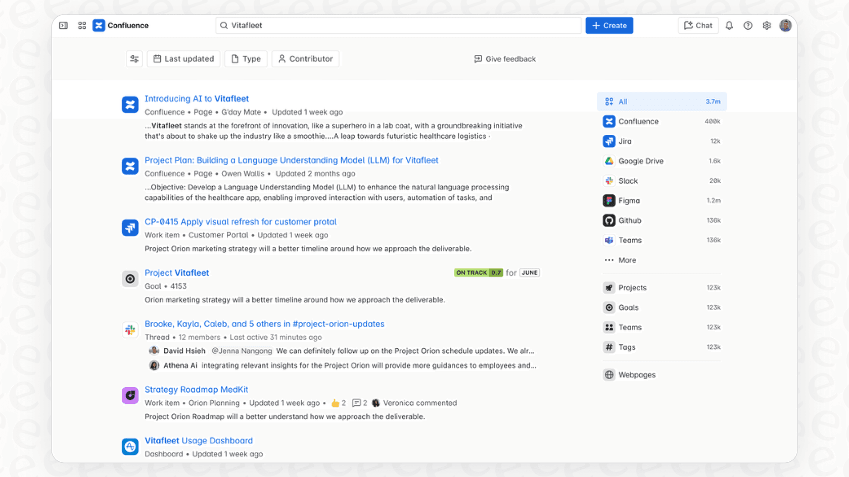 A screenshot demonstrating the Rovo AI Cross-product Access chat feature pulling data from multiple connected applications.