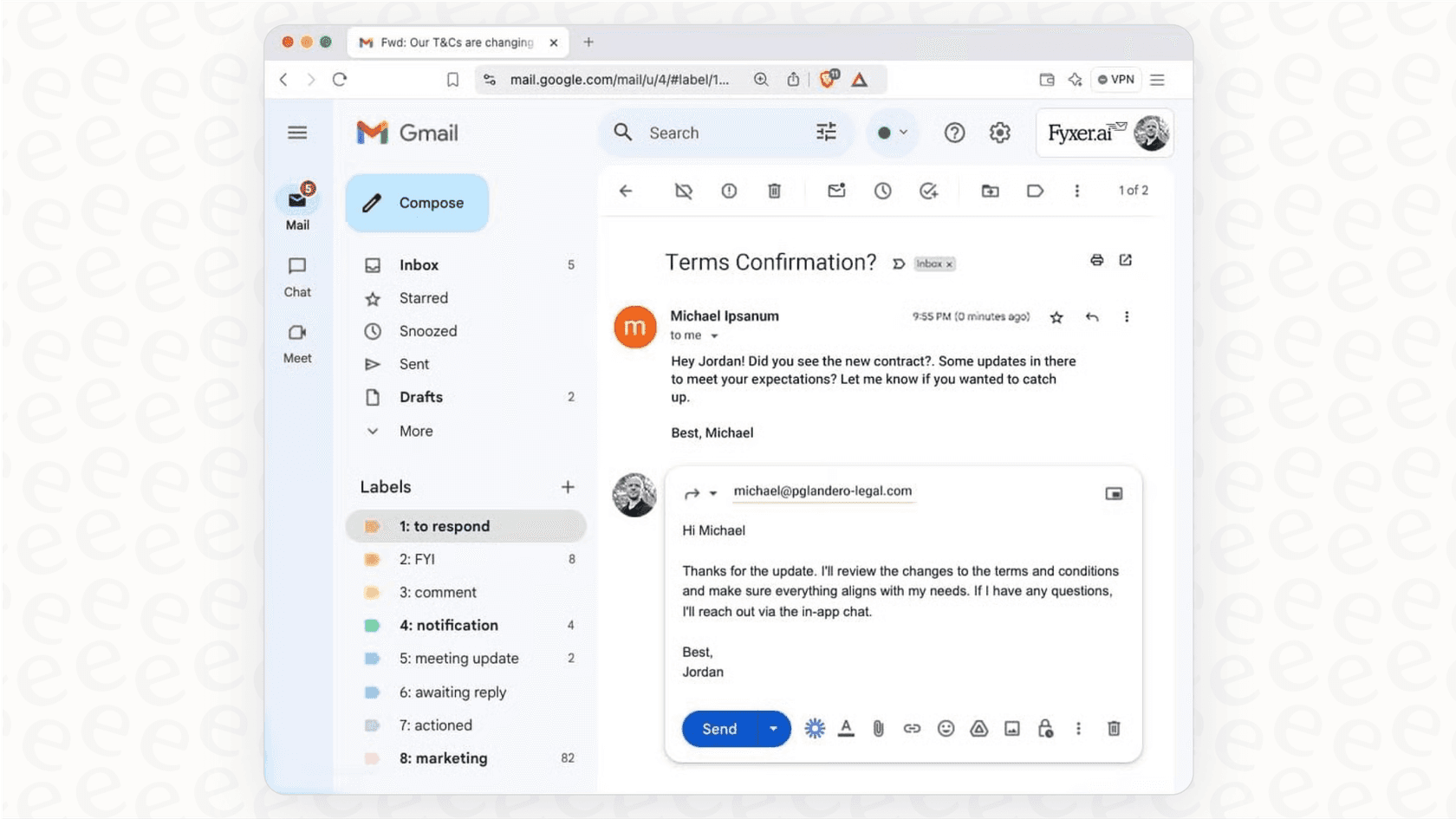 A screenshot of the Fyxer AI dashboard showing how it organizes an inbox and drafts email replies, a key factor in Fyxer AI pricing.