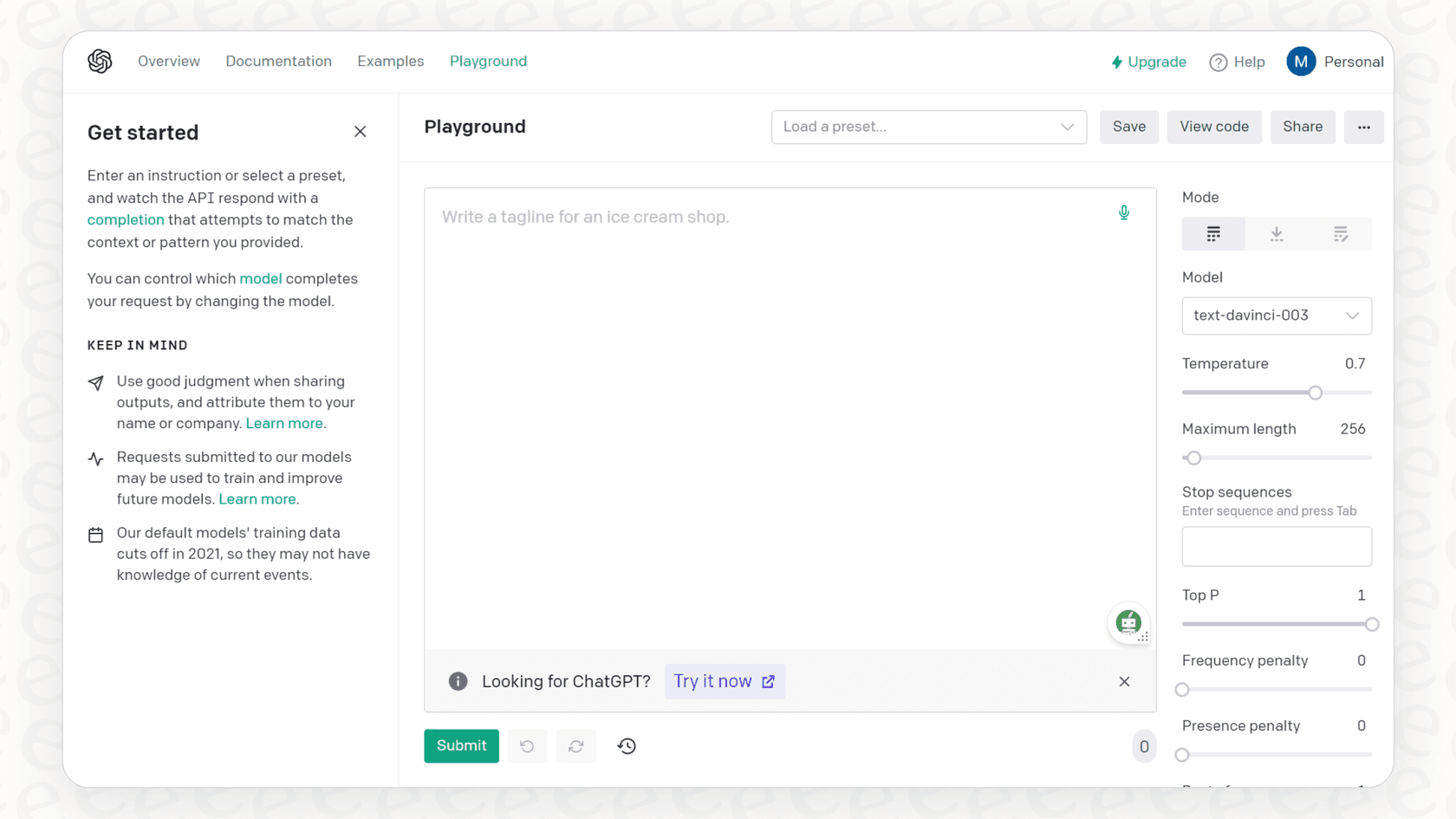 A view of the OpenAI Playground, where models like Codex were developed and tested, illustrating early OpenAI Codex integrations with Jupyter.
