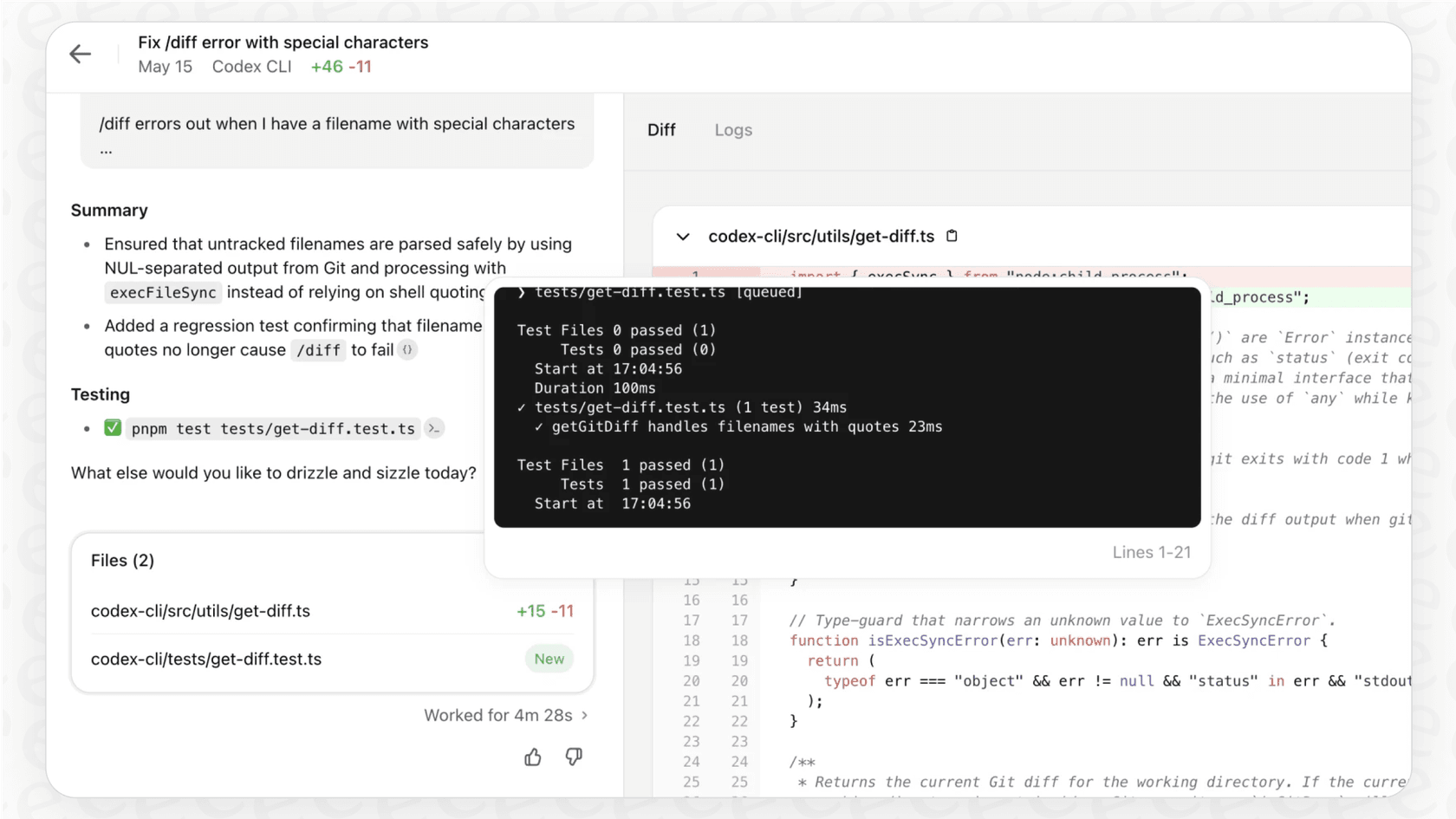 A screenshot of OpenAI Codex assisting a developer with pair programming, illustrating one of the key OpenAI Codex integrations with Figma.