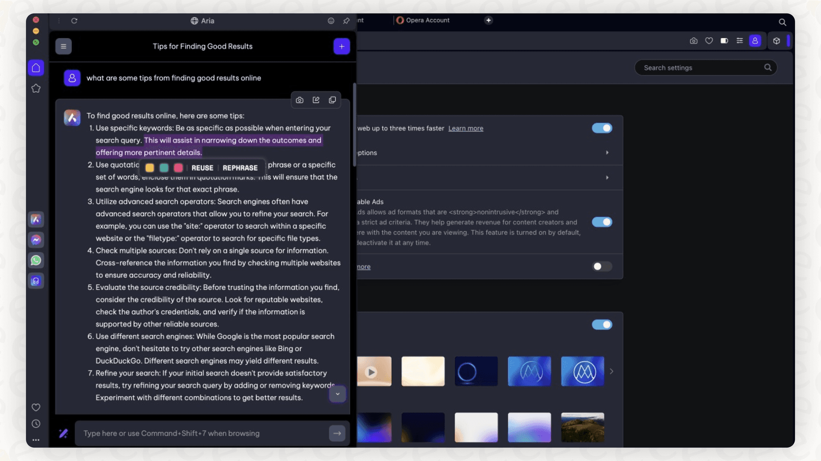 A screenshot of the Opera Aria AI chat companion open in the browser sidebar, showing a friendly welcome message.