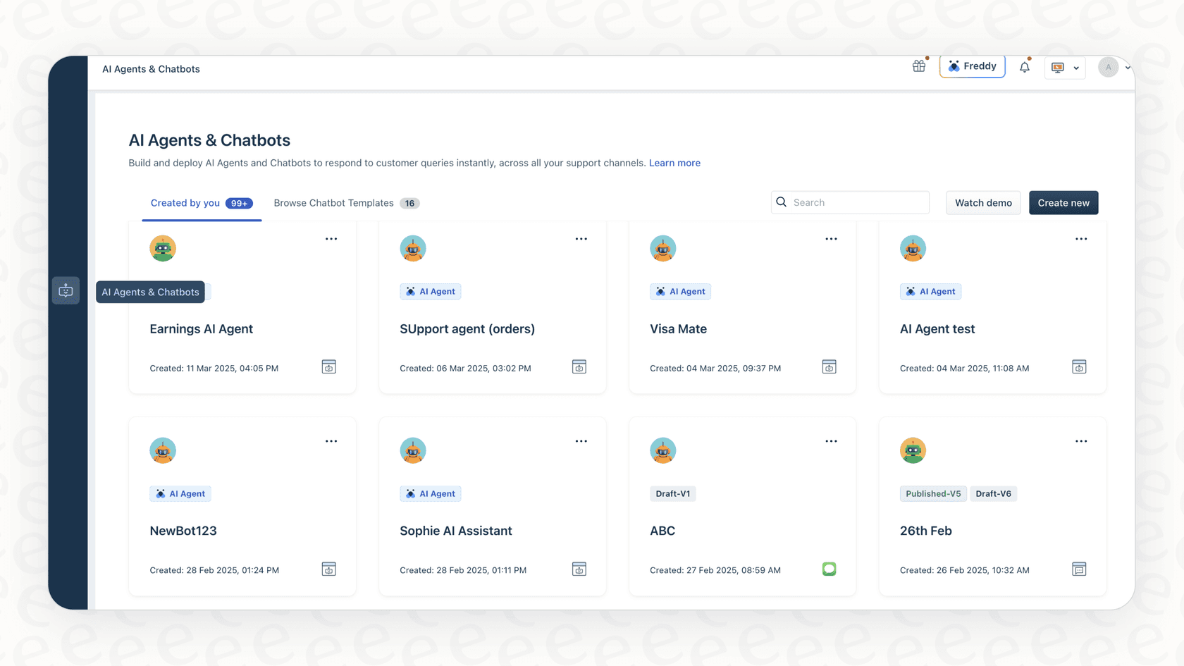 A view of the main user interface for the Freddy AI Agent Studio, showcasing where users can build their AI agents.