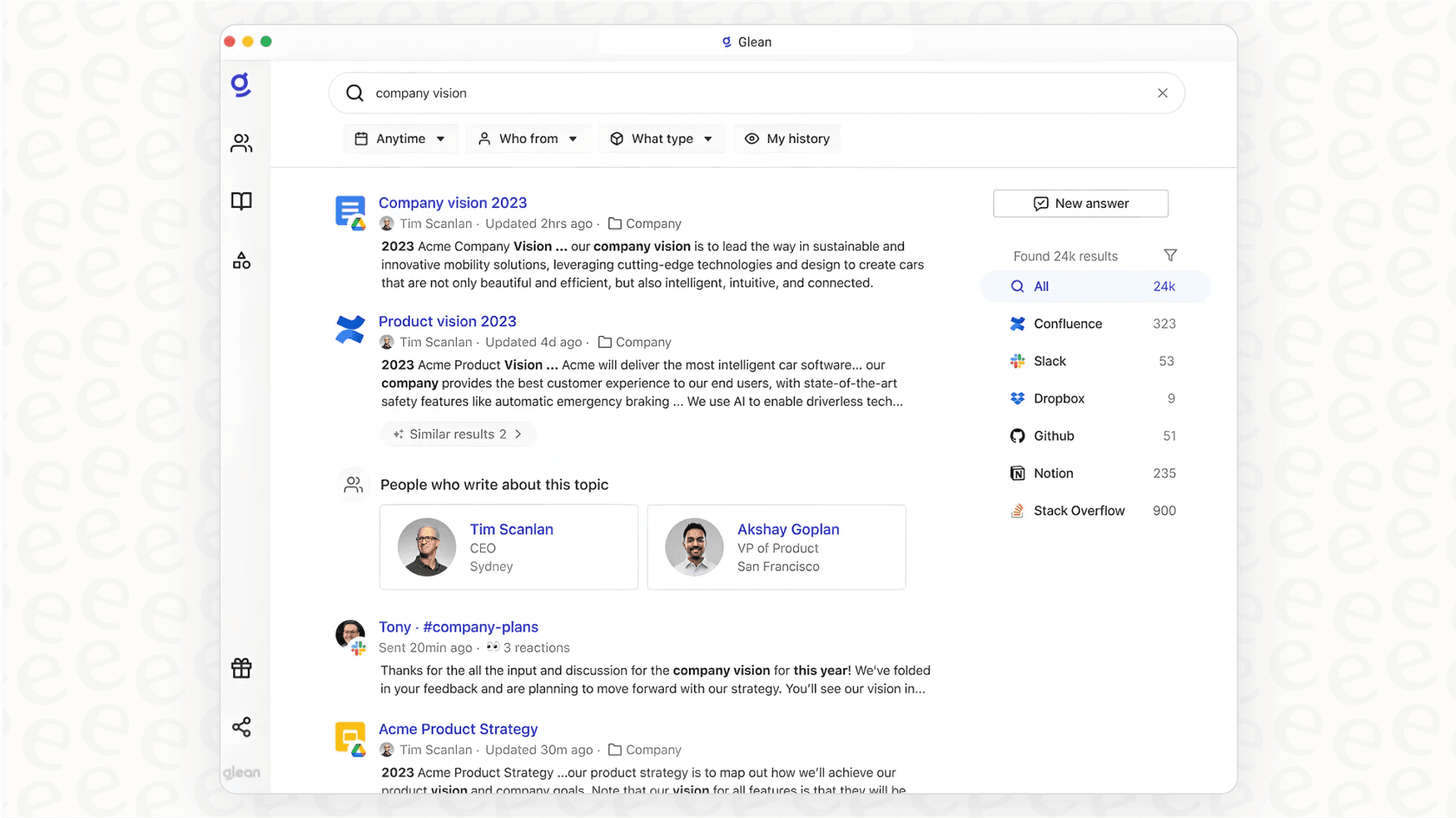 A user seeing search results in the Glean AI platform, demonstrating its app connectivity.
