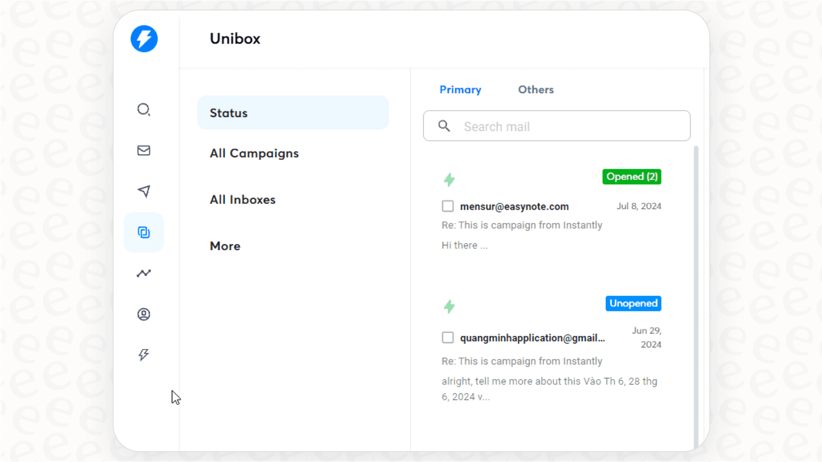 A screenshot demonstrating the Instantly Unibox, where users can instantly manage all email replies in one place.