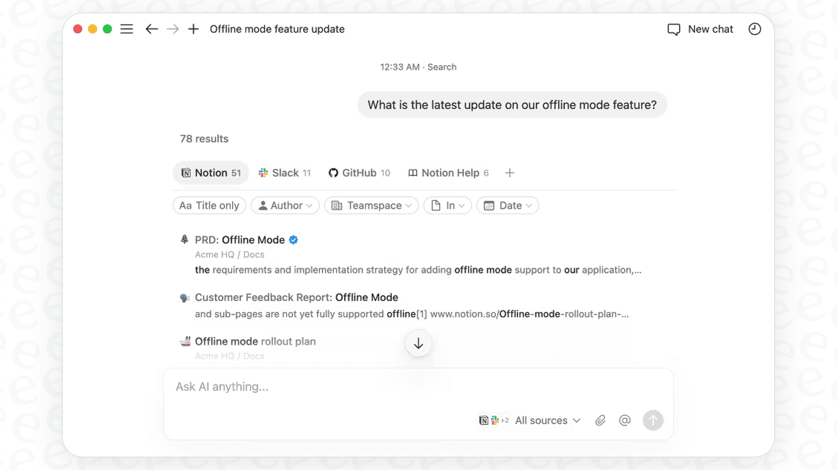 A screenshot demonstrating how the Notion Enterprise Search feature provides a direct answer to a question, improving knowledge discovery.