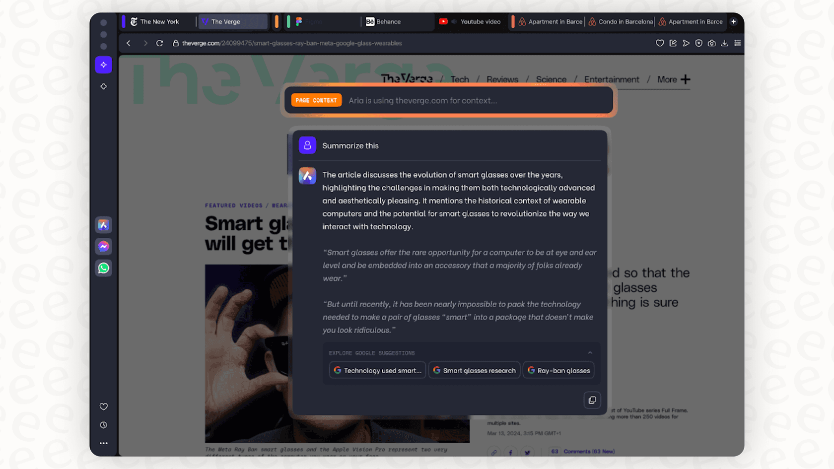 A screenshot showing the Opera browser with the Aria sidebar open and the command line shortcut