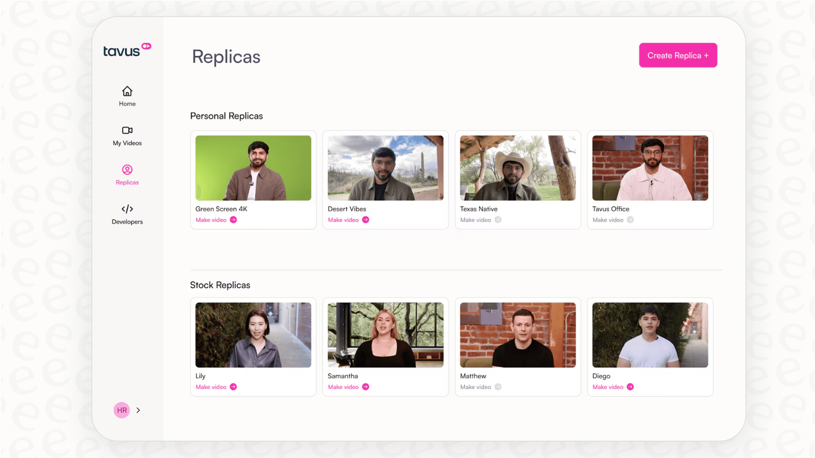 A screenshot showing the digital replicas feature within the Tavus platform.