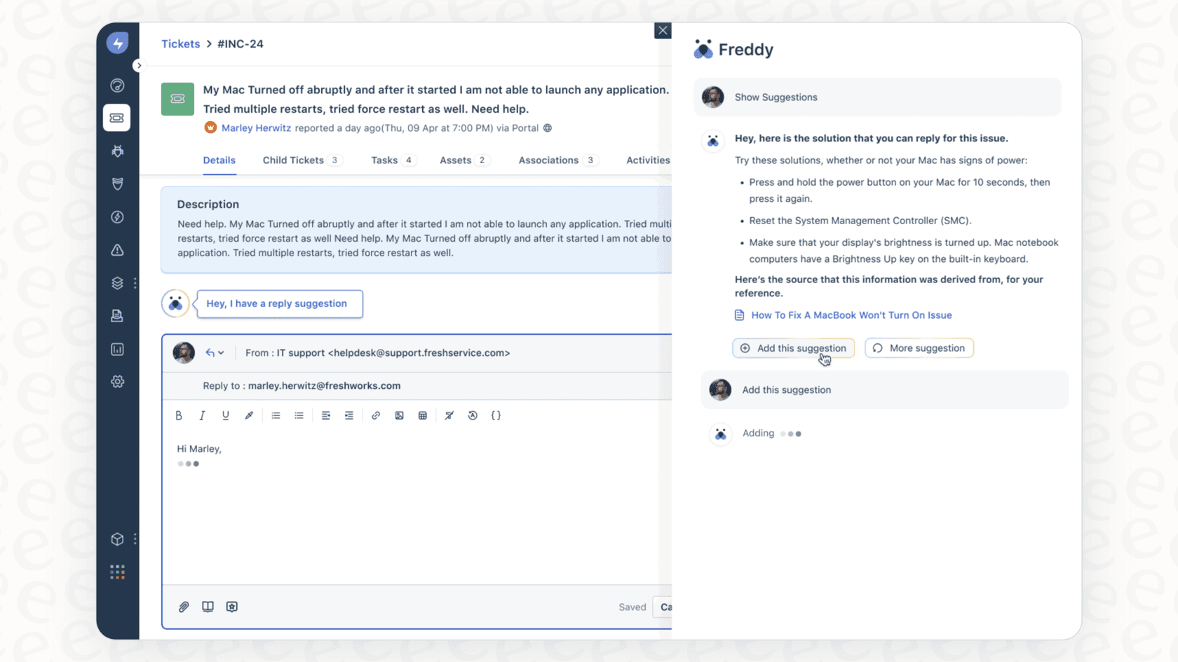 A view of the Freddy AI automation Copilot feature, which helps agents by providing reply suggestions and conversation summaries.