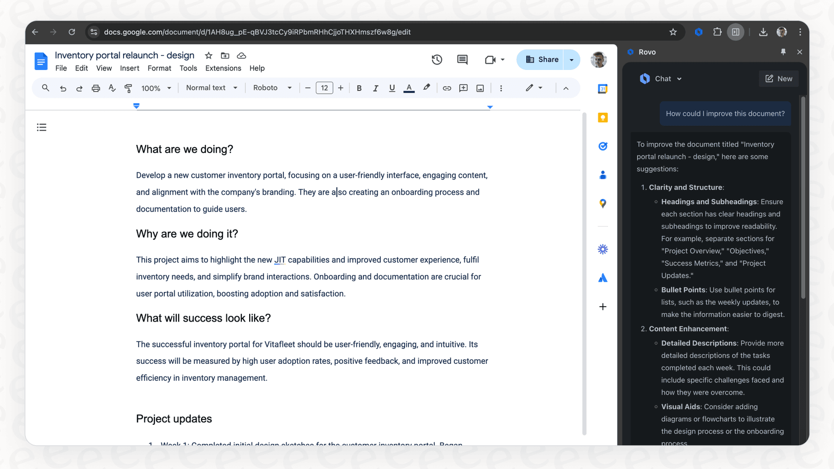 A screenshot of the Rovo Search Chrome extension, allowing a user to access company information without leaving their current tab.