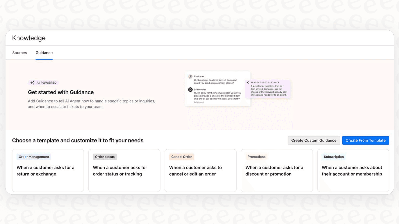This image displays the Guidance settings in Gorgias, where you can configure the AI to detect refund vs exchange intent from message text.