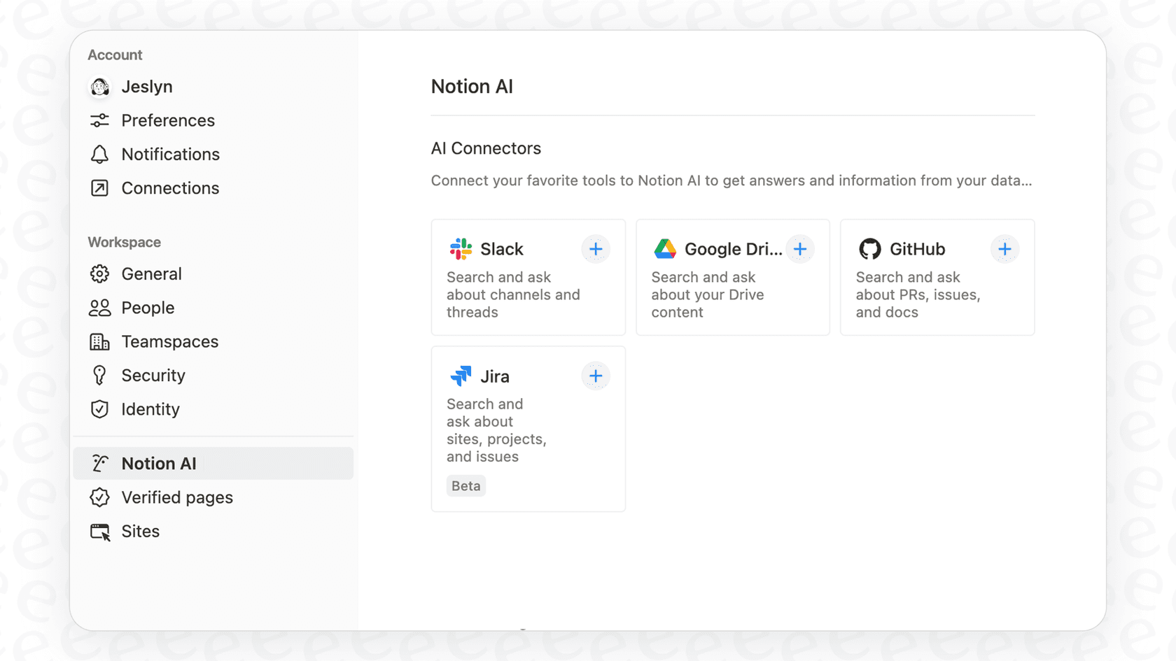 A screenshot of the Notion settings panel, guiding users to the Notion AI Connectors setup page.