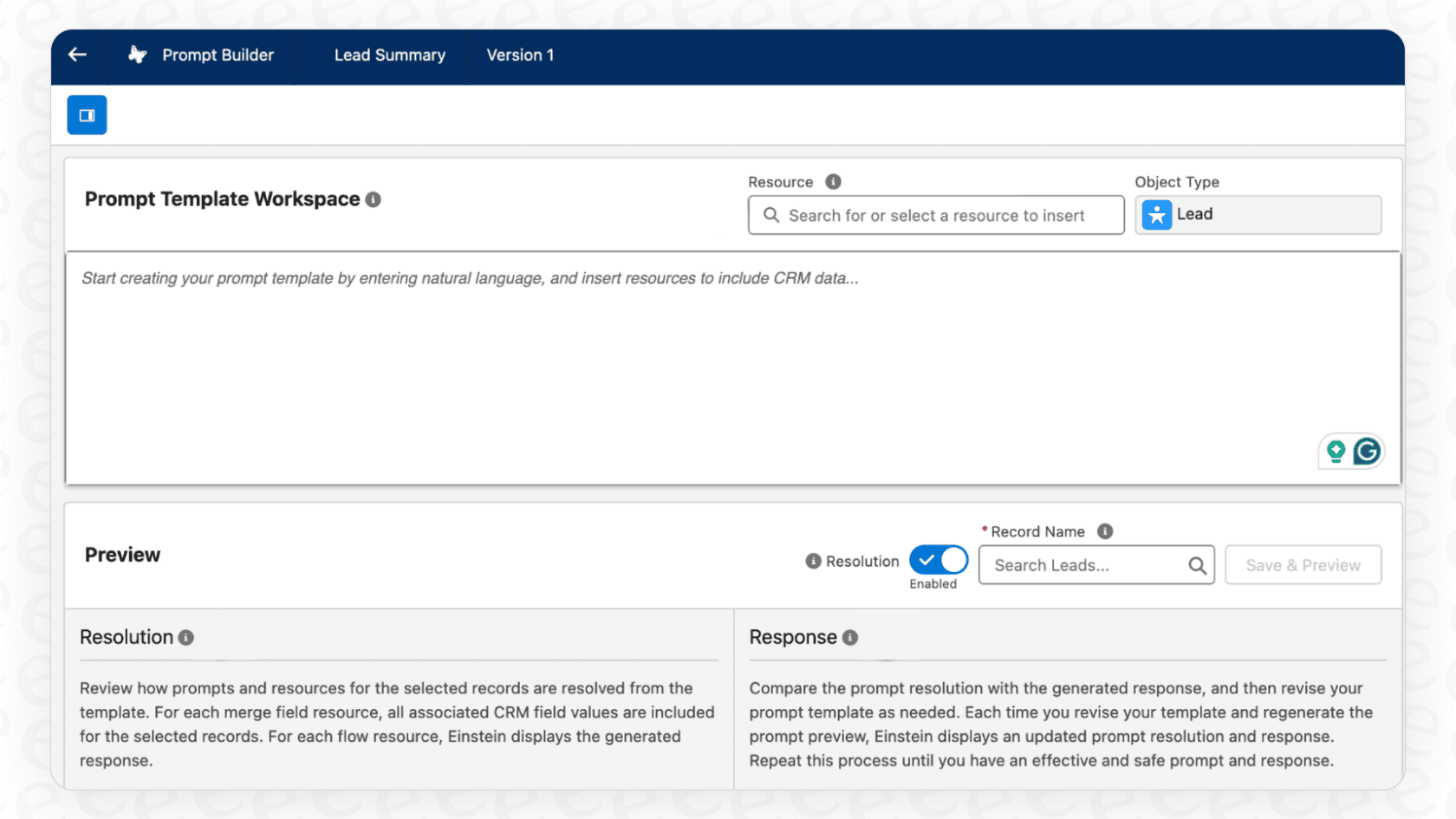 Screenshot of the Prompt Template Workspace in the Prompt Builder.
